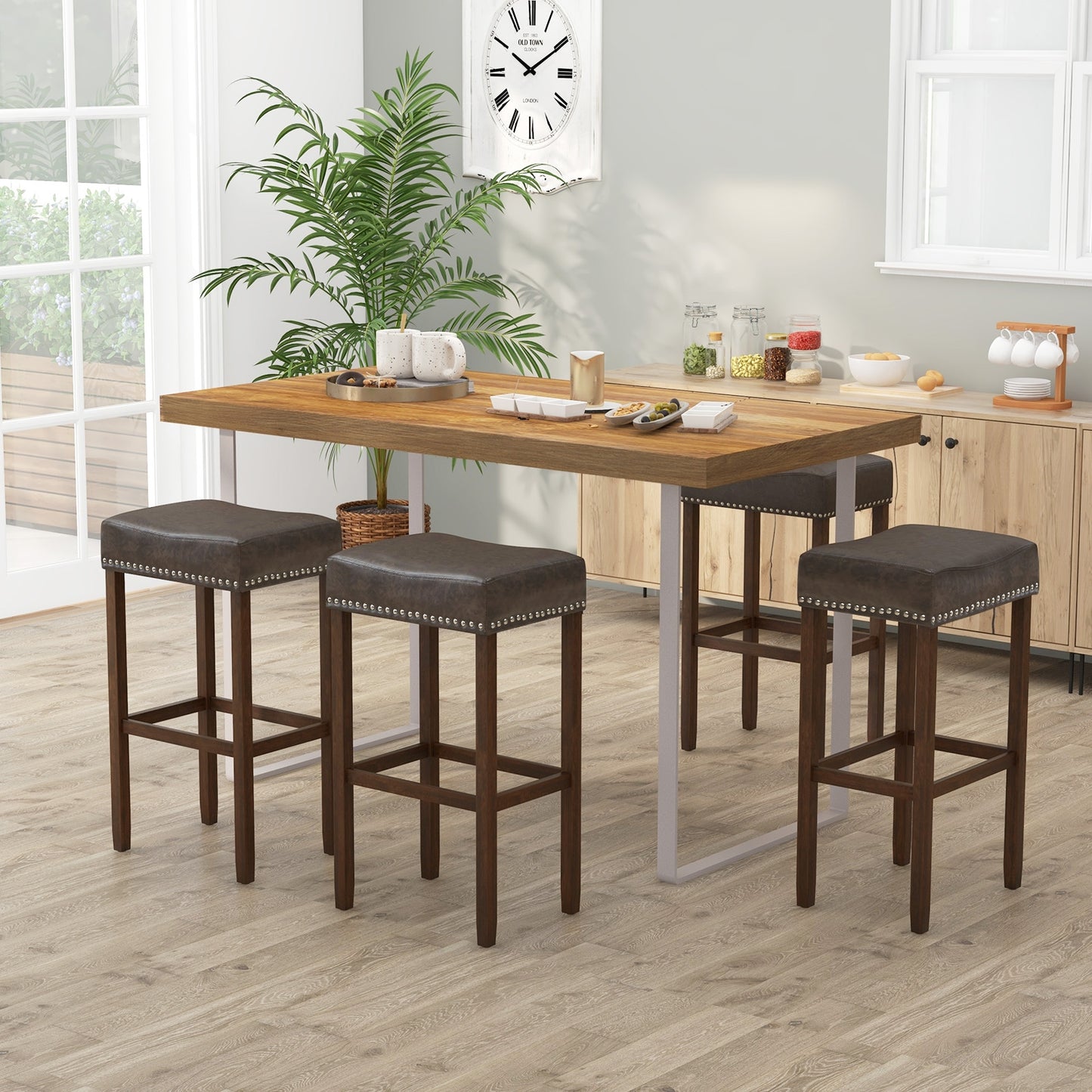 Elegant Upholstered 29.5 Inch Bar Stools Set of 2 with Ergonomic Saddle Seat and Footrests, Grey