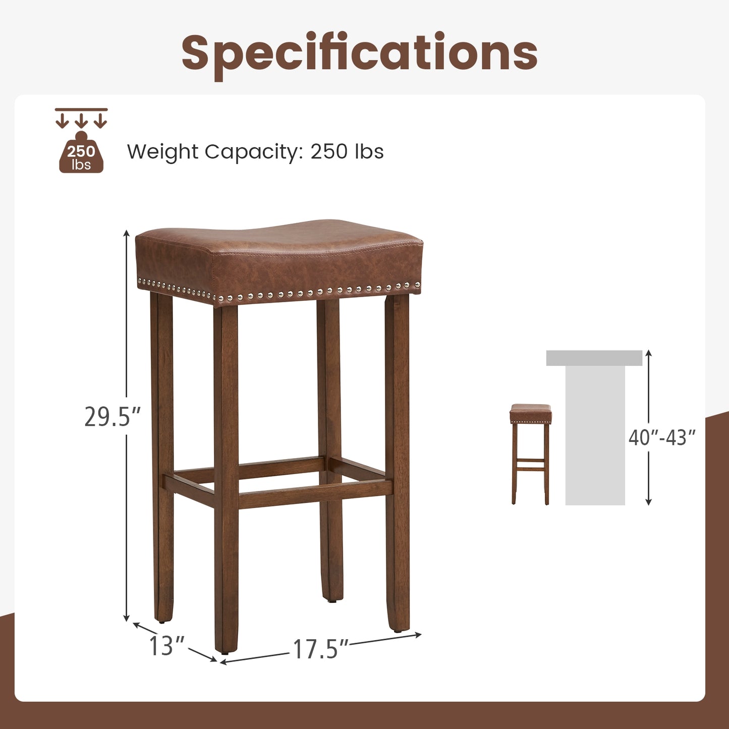Elegant Upholstered 29.5 Inch Bar Stools Set of 2 with Ergonomic Saddle Seat and Footrests, Brown