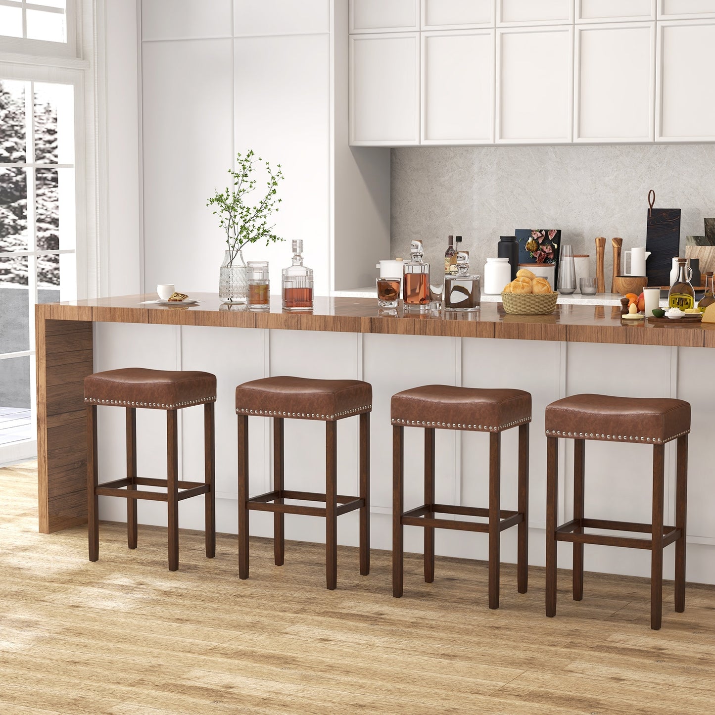 Elegant Upholstered 29.5 Inch Bar Stools Set of 2 with Ergonomic Saddle Seat and Footrests, Brown