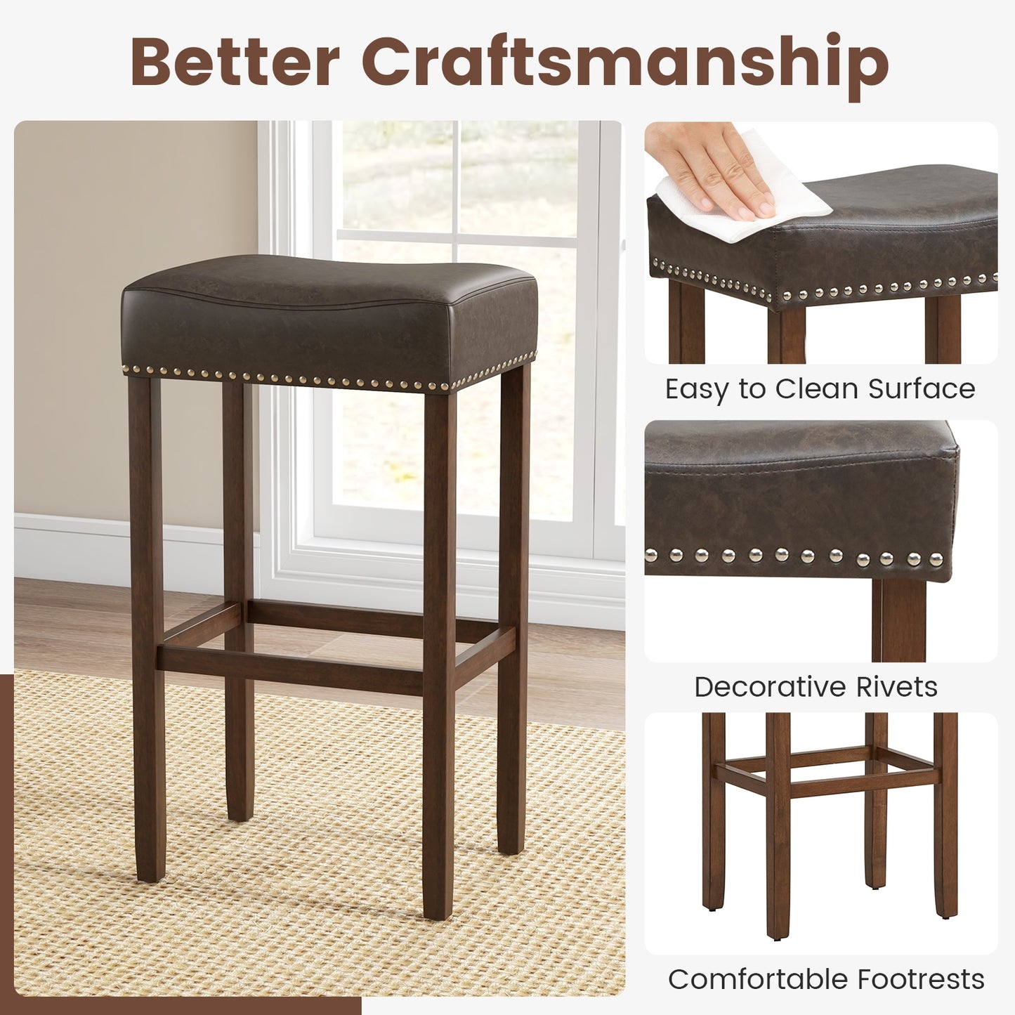 Elegant Upholstered 29.5 Inch Bar Stools Set of 2 with Ergonomic Saddle Seat and Footrests, Grey