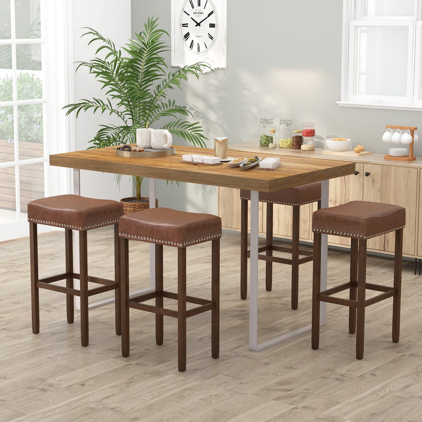 Elegant Upholstered 29.5 Inch Bar Stools Set of 2 with Ergonomic Saddle Seat and Footrests, Brown
