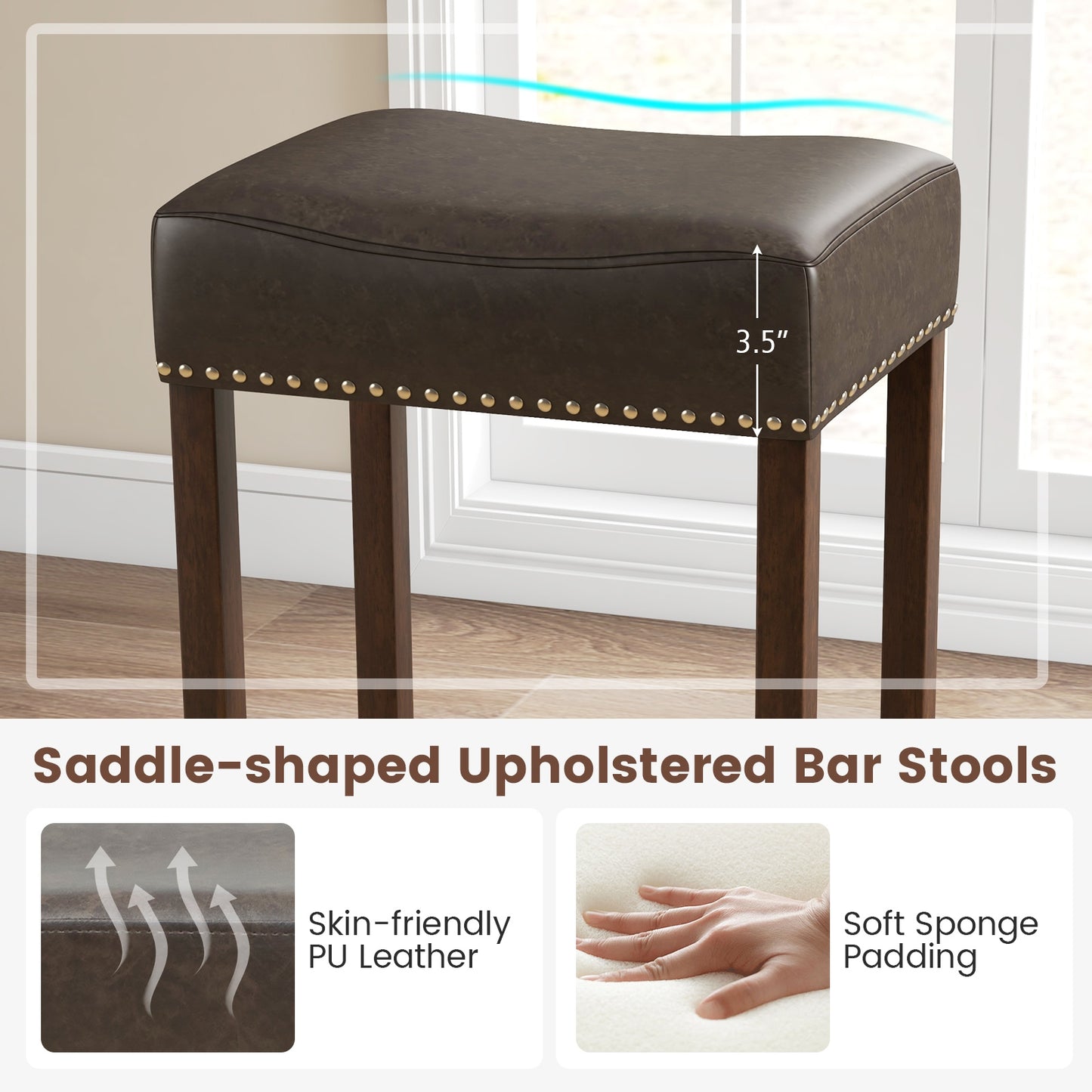 Elegant Upholstered 29.5 Inch Bar Stools Set of 2 with Ergonomic Saddle Seat and Footrests, Grey