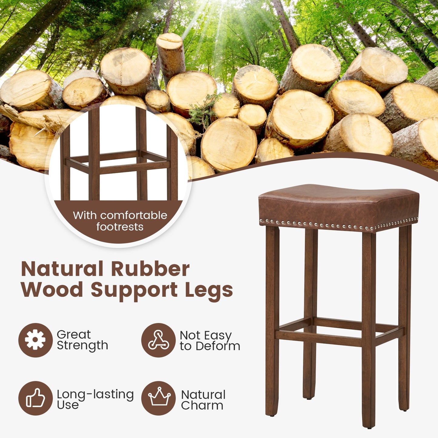 Elegant Upholstered 29.5 Inch Bar Stools Set of 2 with Ergonomic Saddle Seat and Footrests, Brown