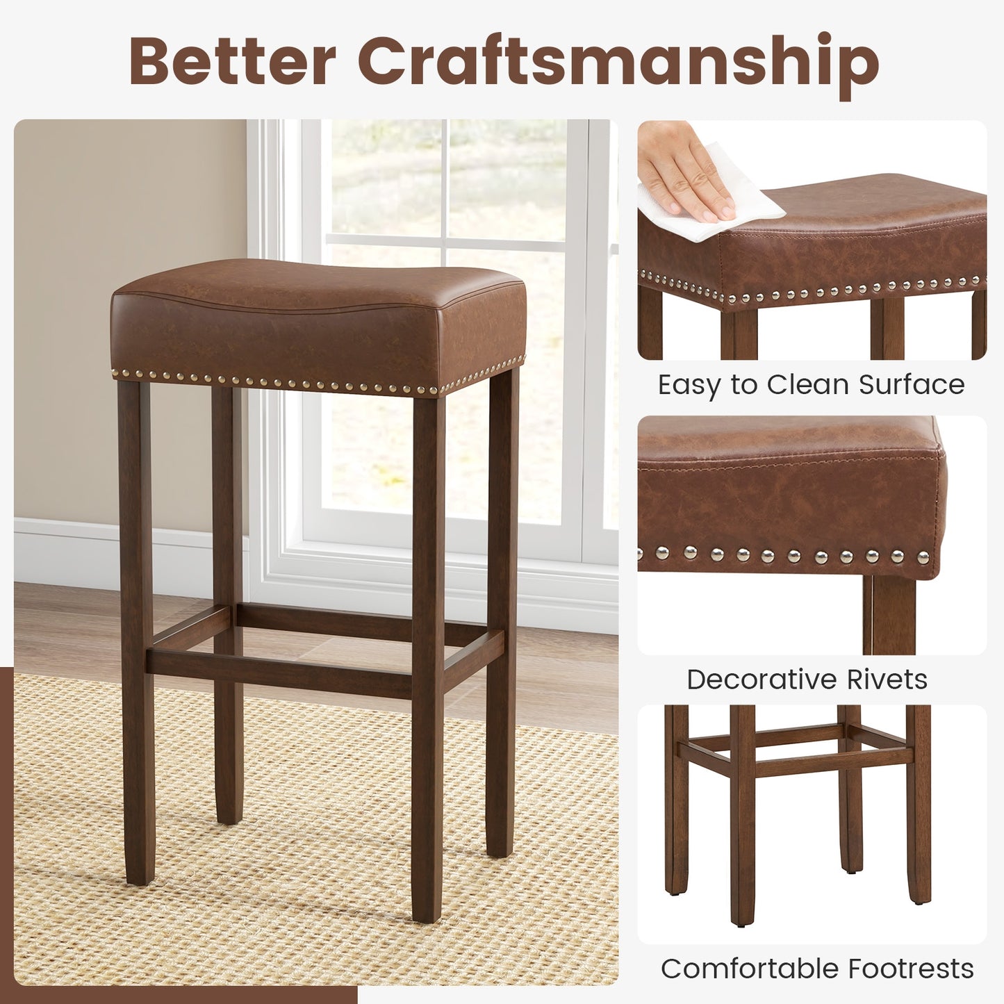 Elegant Upholstered 29.5 Inch Bar Stools Set of 2 with Ergonomic Saddle Seat and Footrests, Brown
