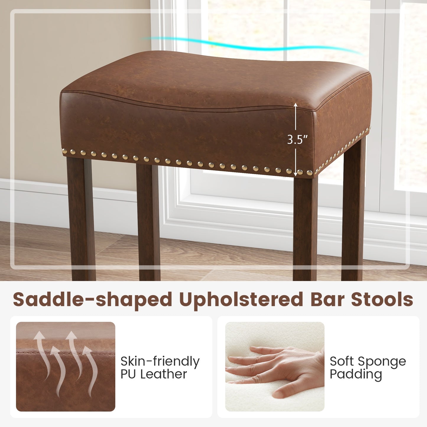Elegant Upholstered 29.5 Inch Bar Stools Set of 2 with Ergonomic Saddle Seat and Footrests, Brown