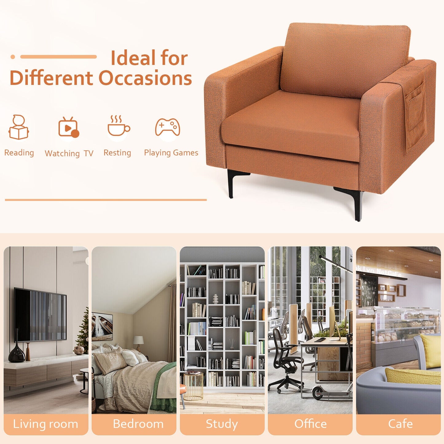 Ergonomic Accent Chair with Side Storage and Cushioned Seat, Orange