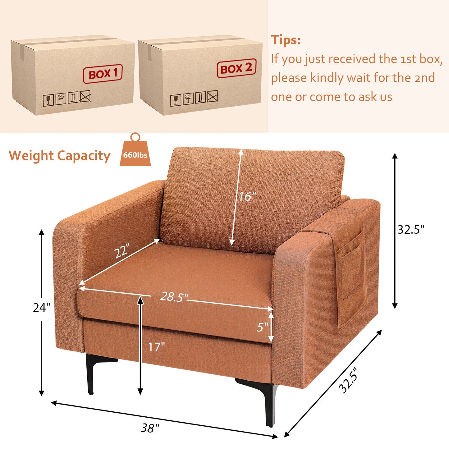 Ergonomic Accent Chair with Side Storage and Cushioned Seat, Orange