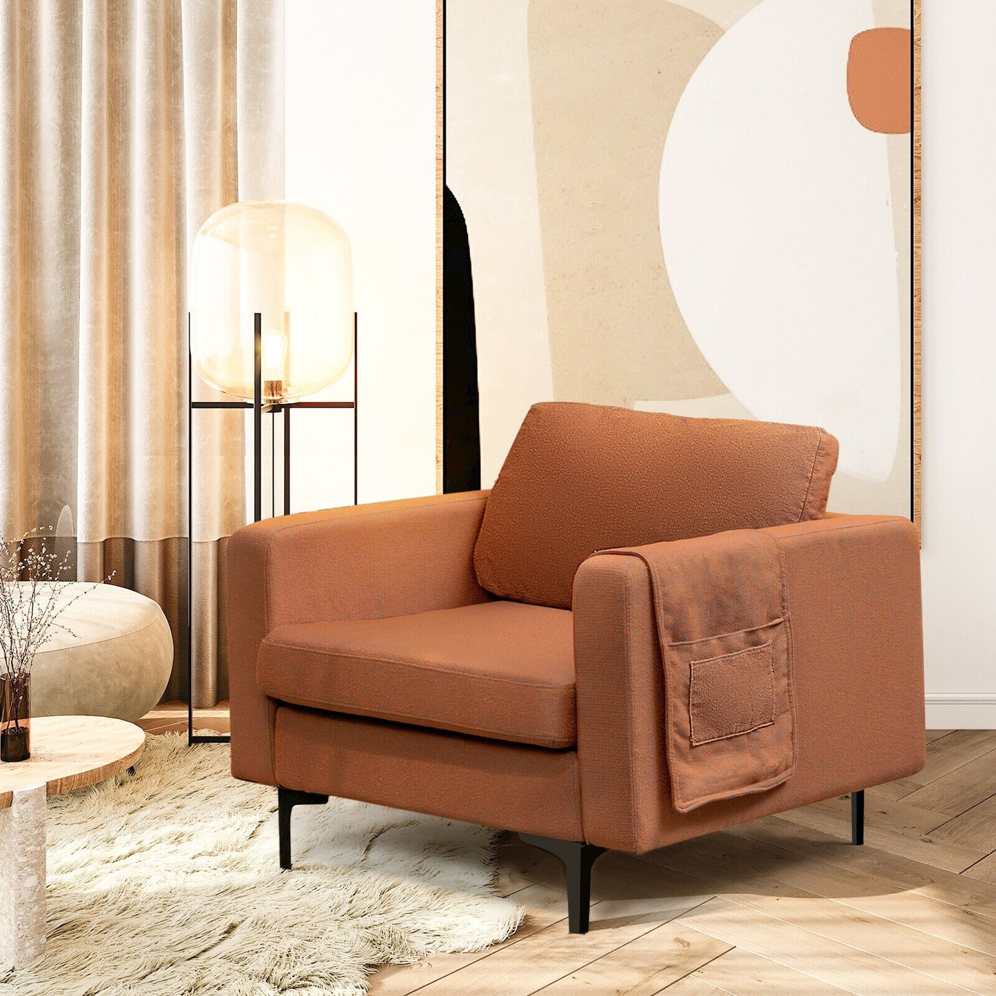 Ergonomic Accent Chair with Side Storage and Cushioned Seat, Orange