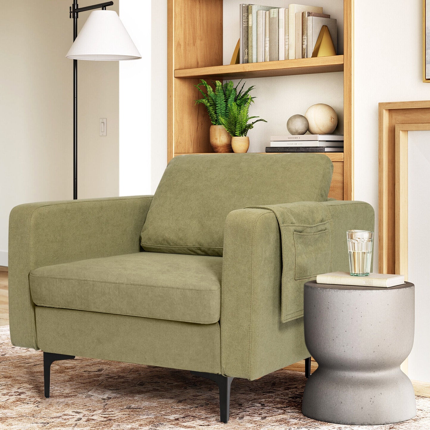 Ergonomic Accent Chair with Side Storage and Cushioned Seat, Green