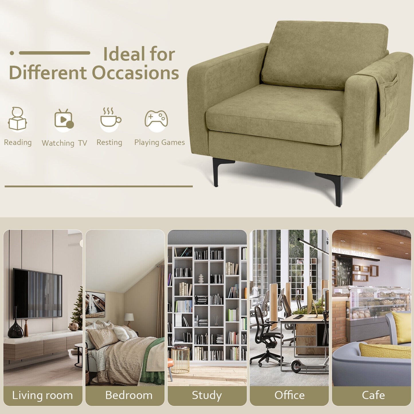 Ergonomic Accent Chair with Side Storage and Cushioned Seat, Green