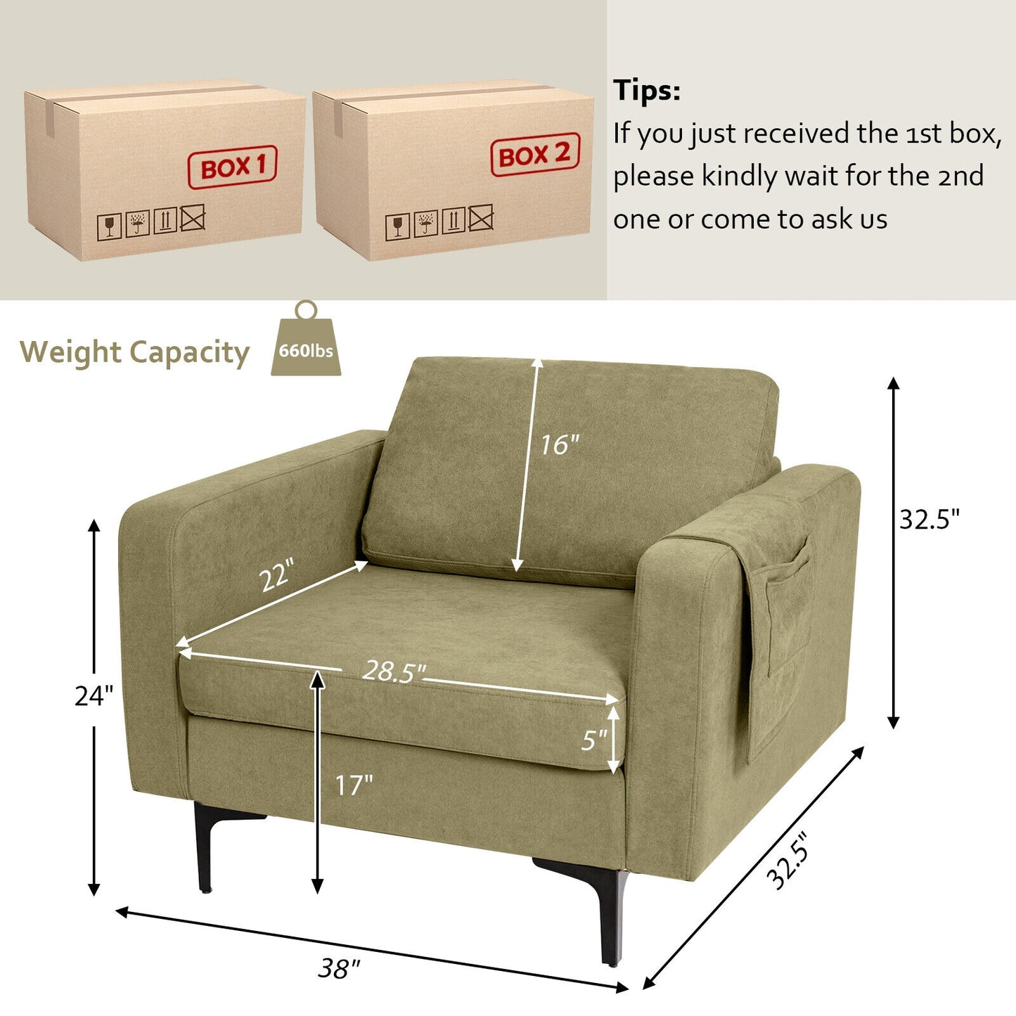 Ergonomic Accent Chair with Side Storage and Cushioned Seat, Green