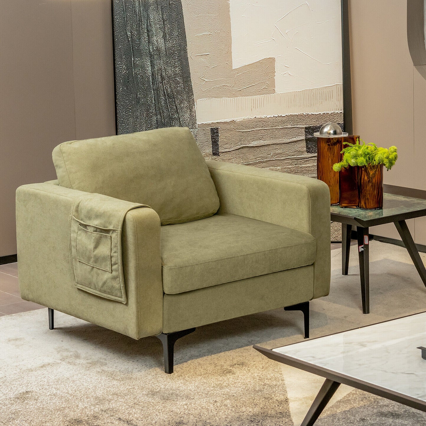 Ergonomic Accent Chair with Side Storage and Cushioned Seat, Green