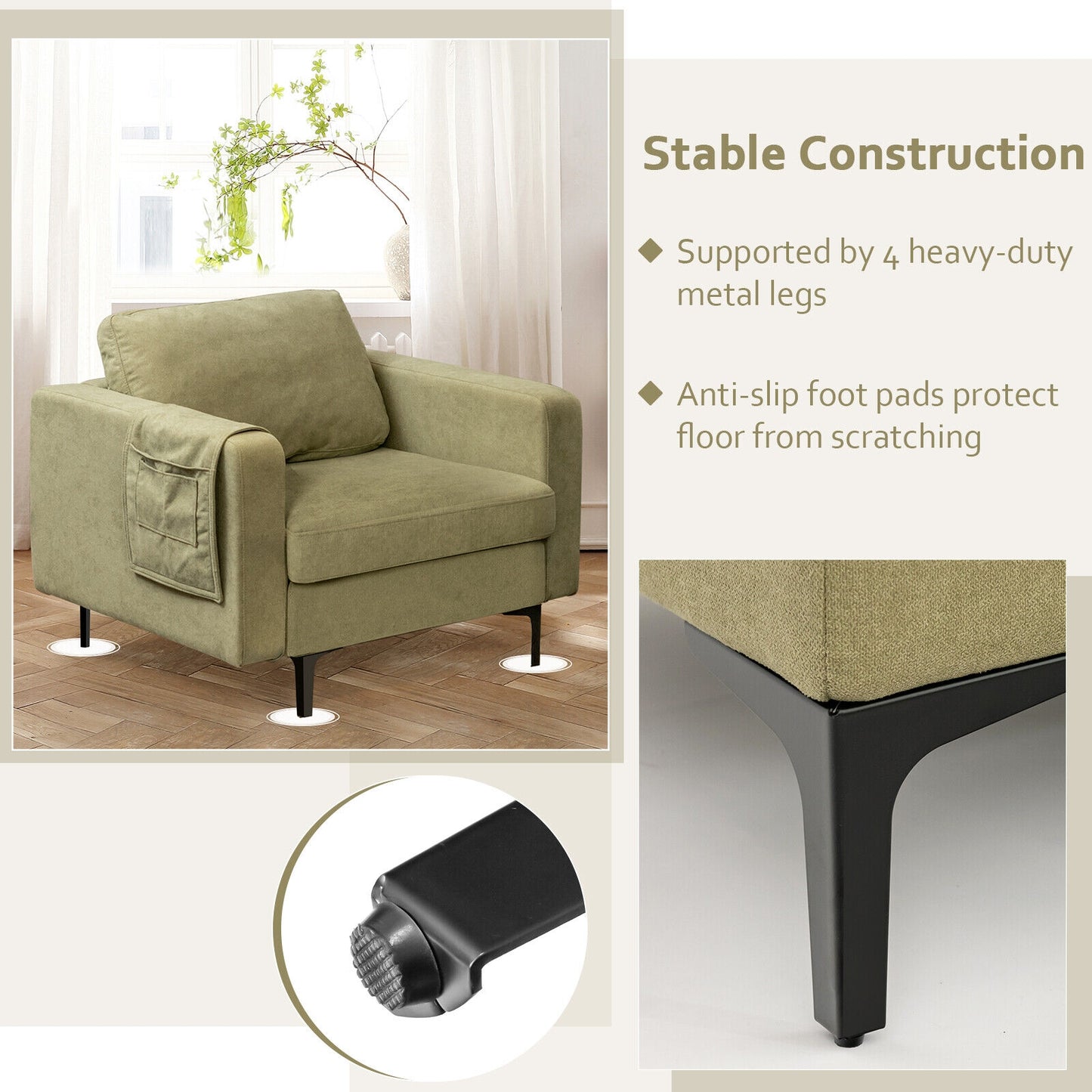 Ergonomic Accent Chair with Side Storage and Cushioned Seat, Green
