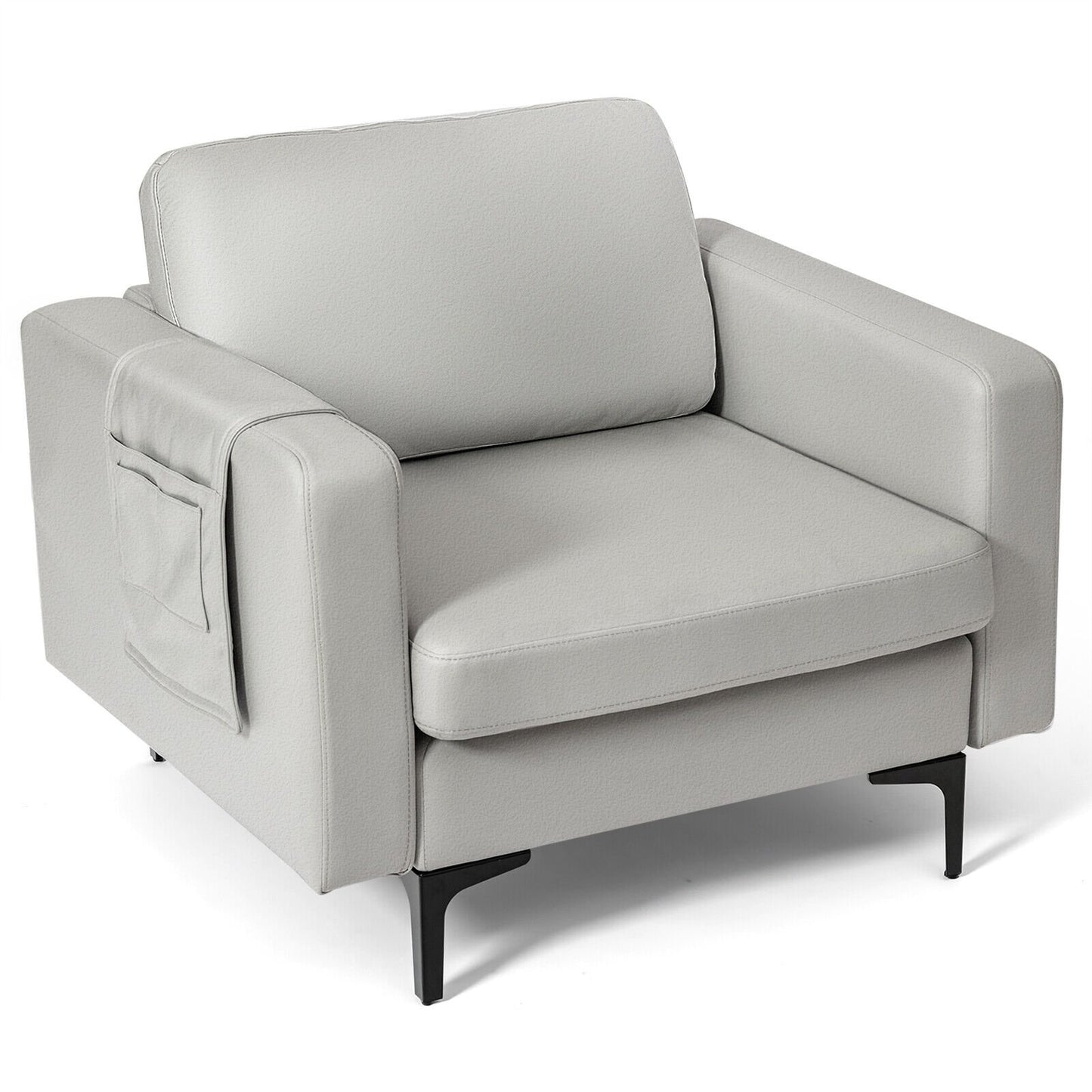 Ergonomic Accent Chair with Side Storage and Cushioned Seat, Light Grey
