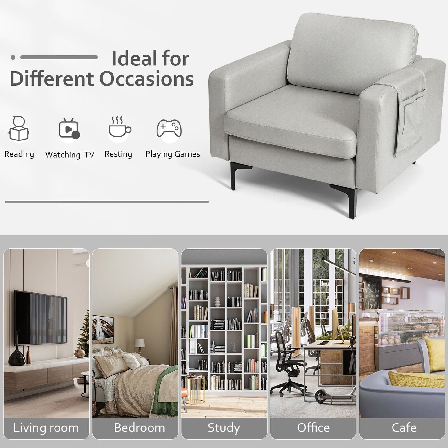 Ergonomic Accent Chair with Side Storage and Cushioned Seat, Light Grey