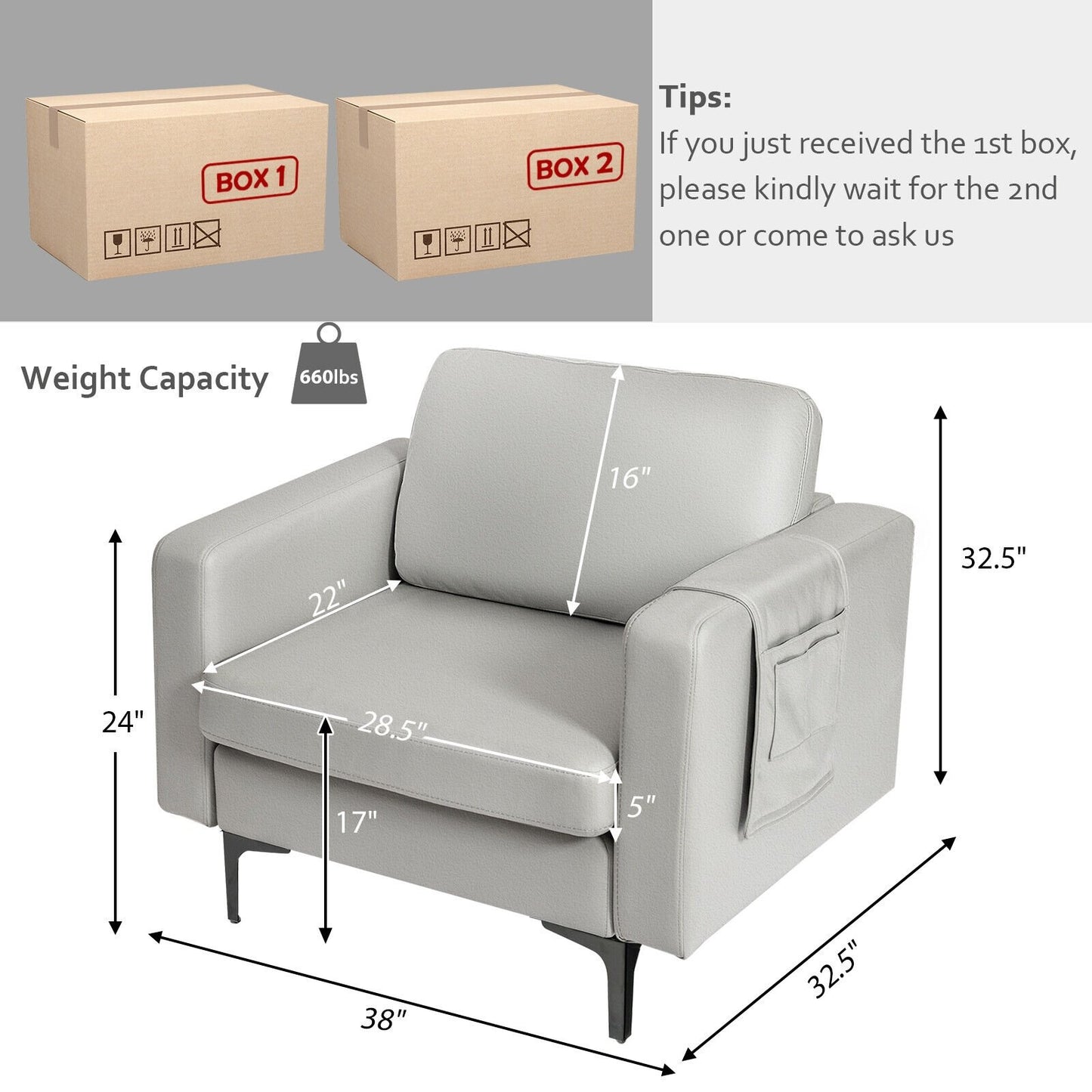 Ergonomic Accent Chair with Side Storage and Cushioned Seat, Light Grey