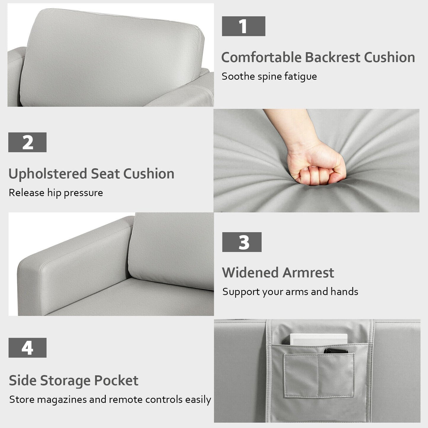 Ergonomic Accent Chair with Side Storage and Cushioned Seat, Light Grey