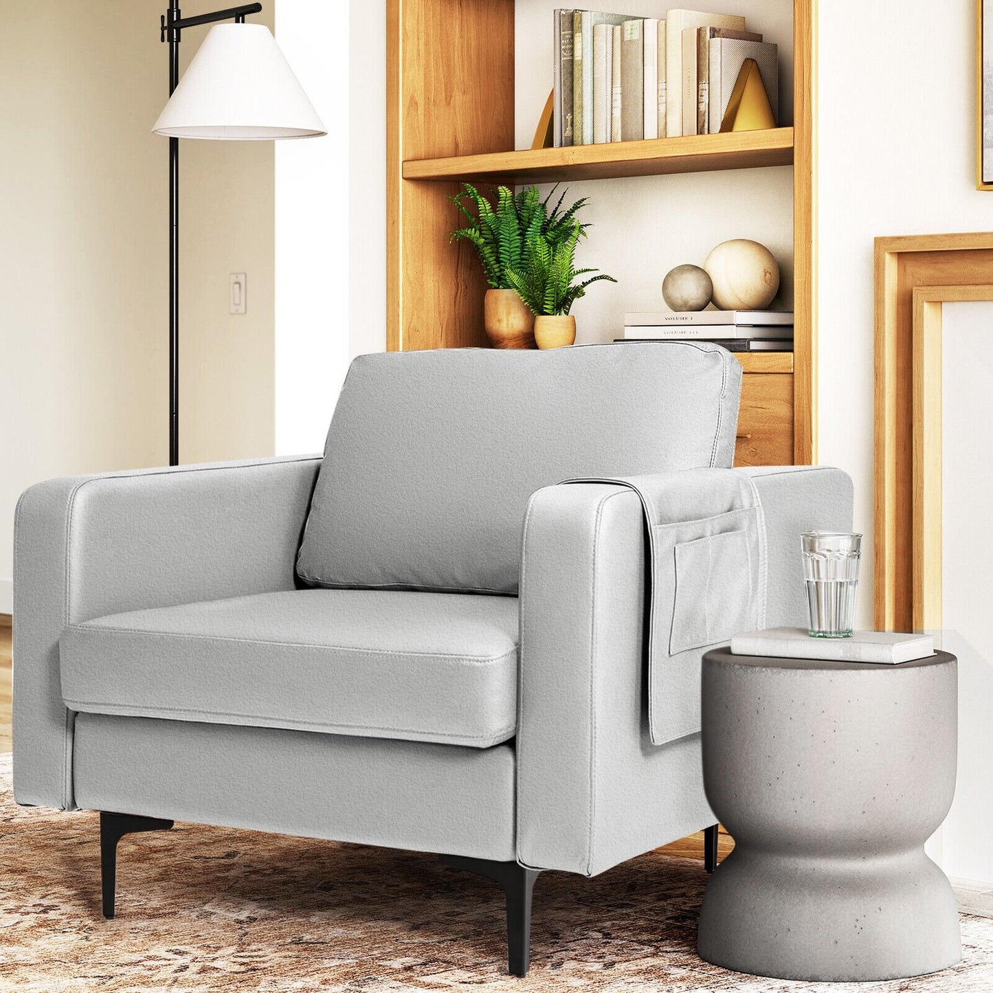 Ergonomic Accent Chair with Side Storage and Cushioned Seat, Light Grey