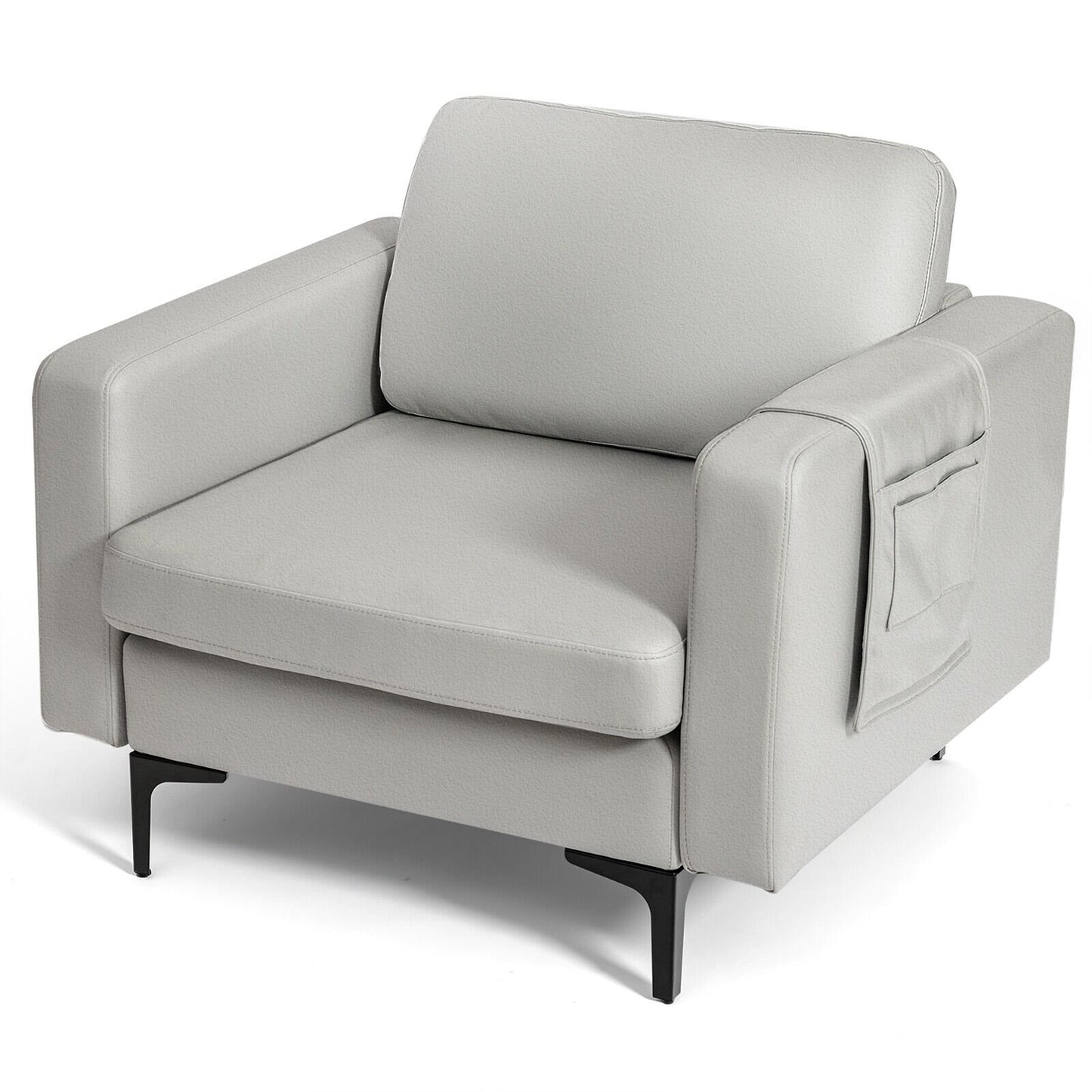 Ergonomic Accent Chair with Side Storage and Cushioned Seat, Light Grey
