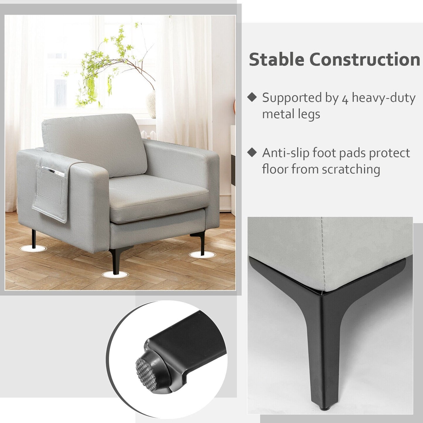 Ergonomic Accent Chair with Side Storage and Cushioned Seat, Light Grey