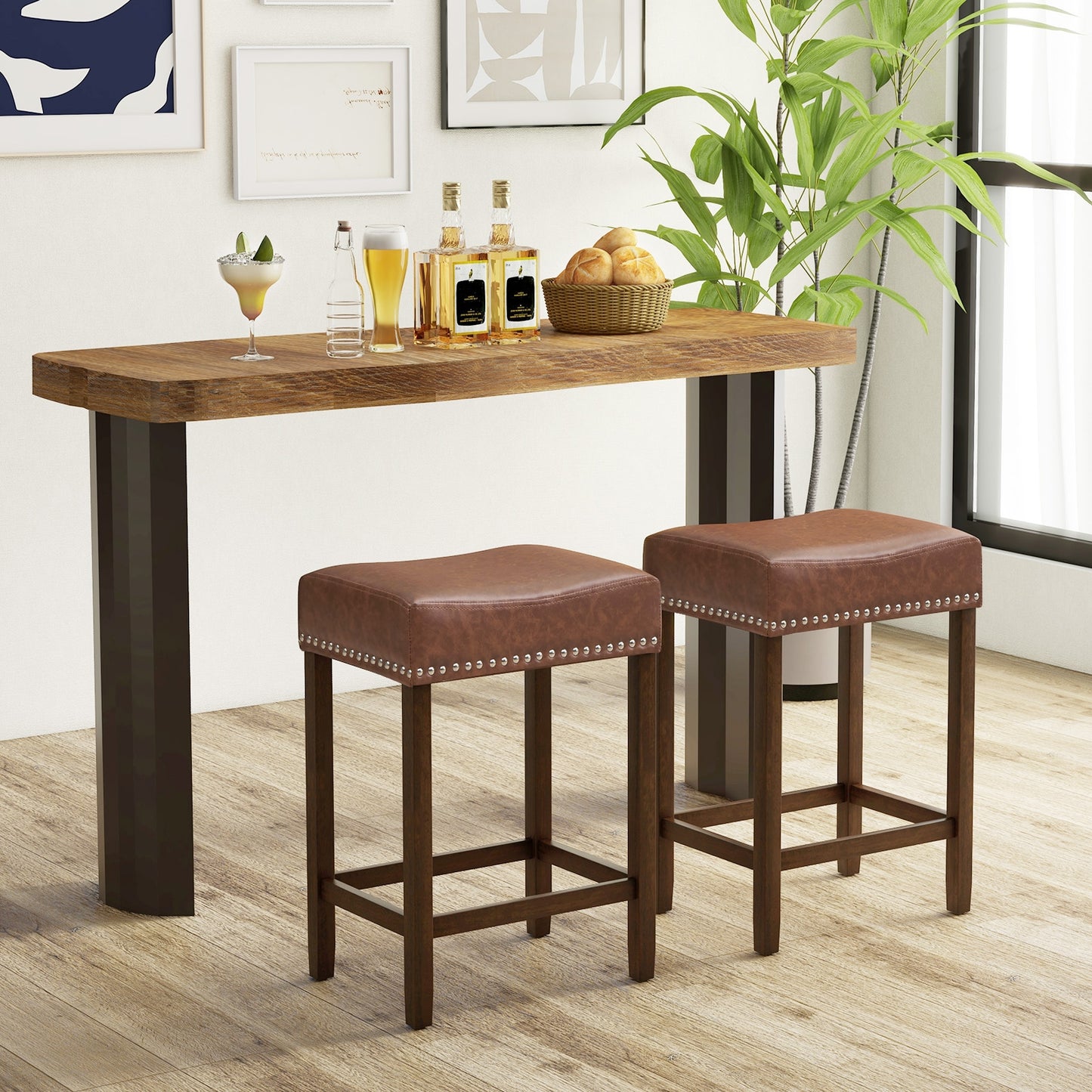 Elegant Upholstered 24 Inch Bar Stools Set of 2 with Ergonomic Saddle Seat and Footrests, Brown