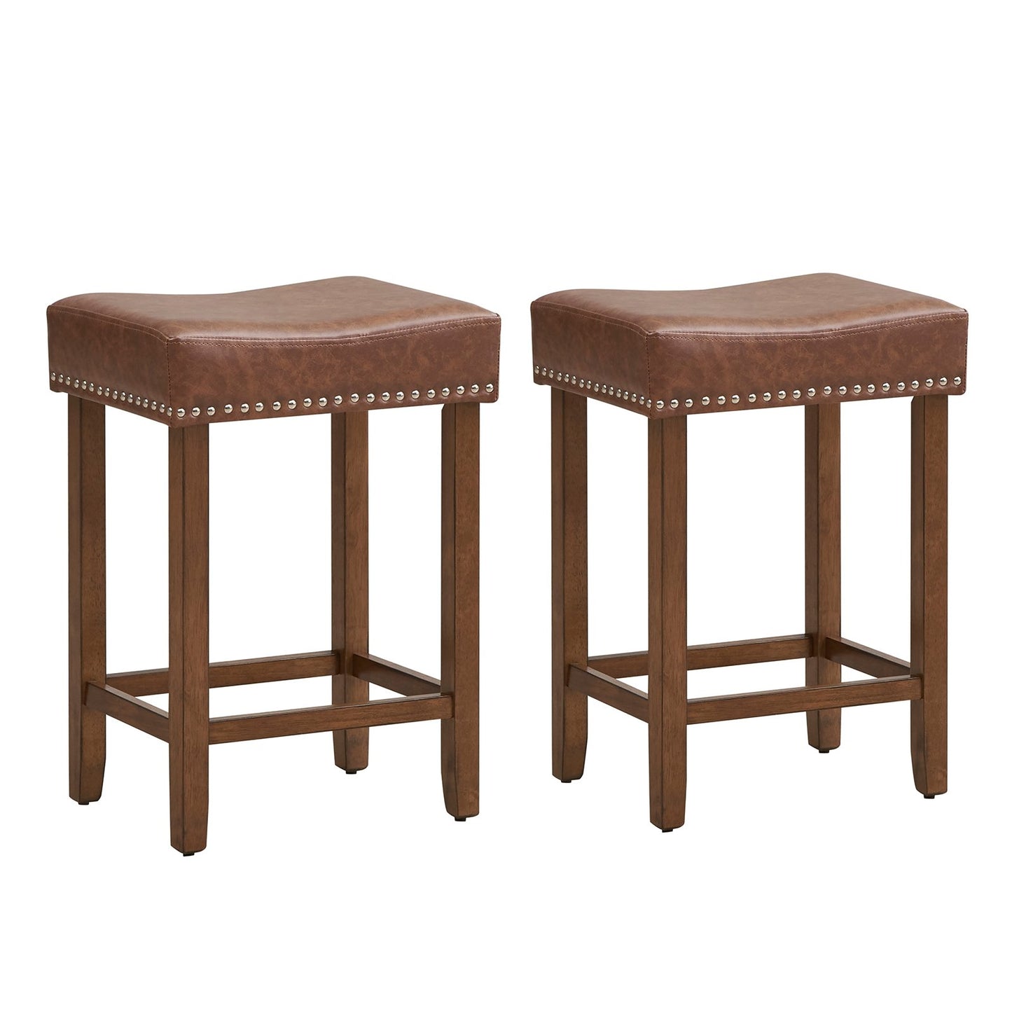 Elegant Upholstered 24 Inch Bar Stools Set of 2 with Ergonomic Saddle Seat and Footrests, Brown