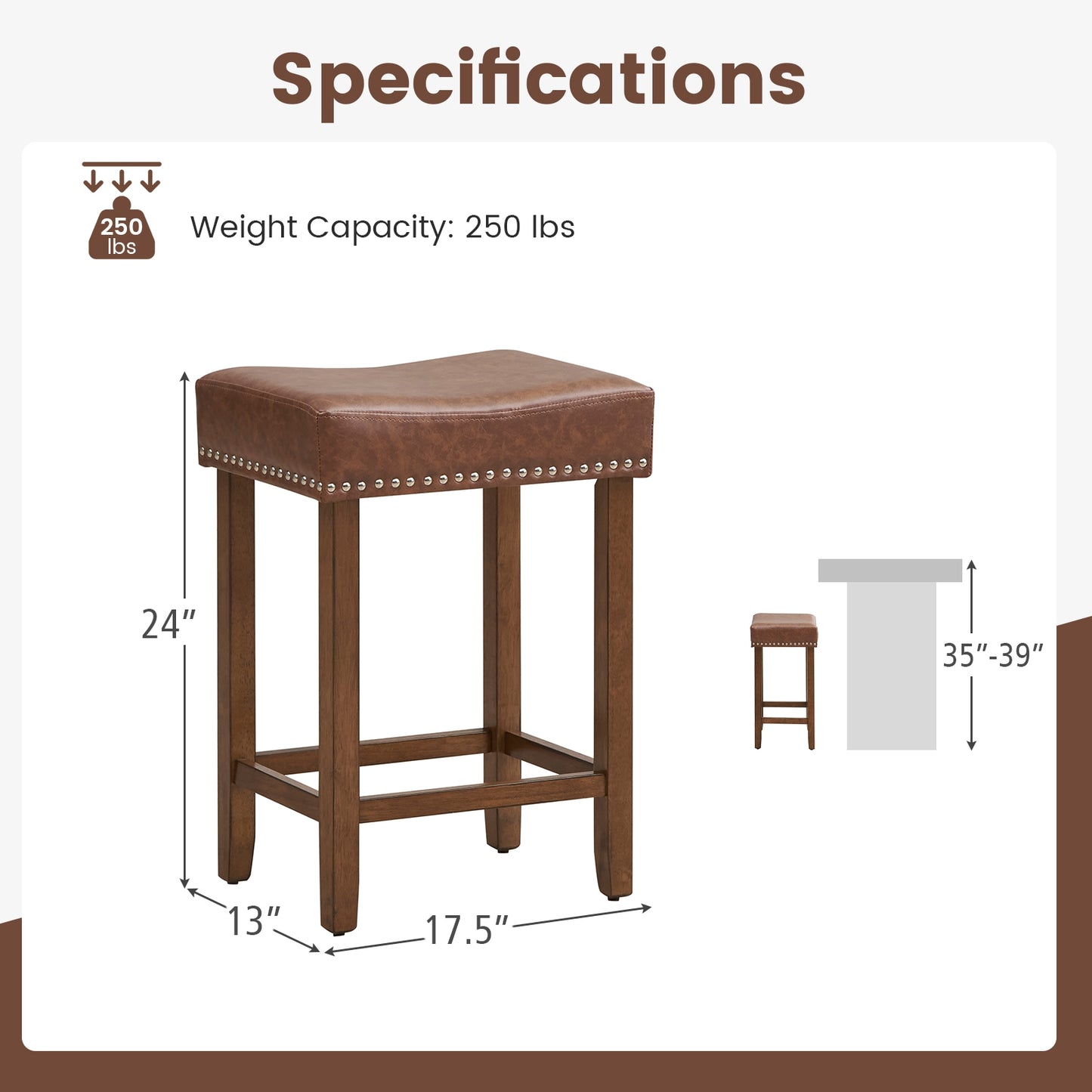 Elegant Upholstered 24 Inch Bar Stools Set of 2 with Ergonomic Saddle Seat and Footrests, Brown