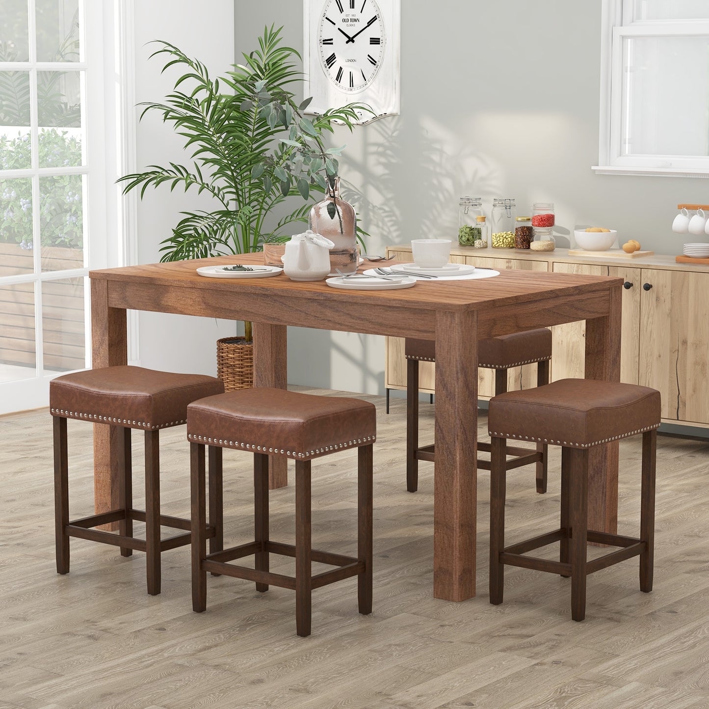 Elegant Upholstered 24 Inch Bar Stools Set of 2 with Ergonomic Saddle Seat and Footrests, Brown