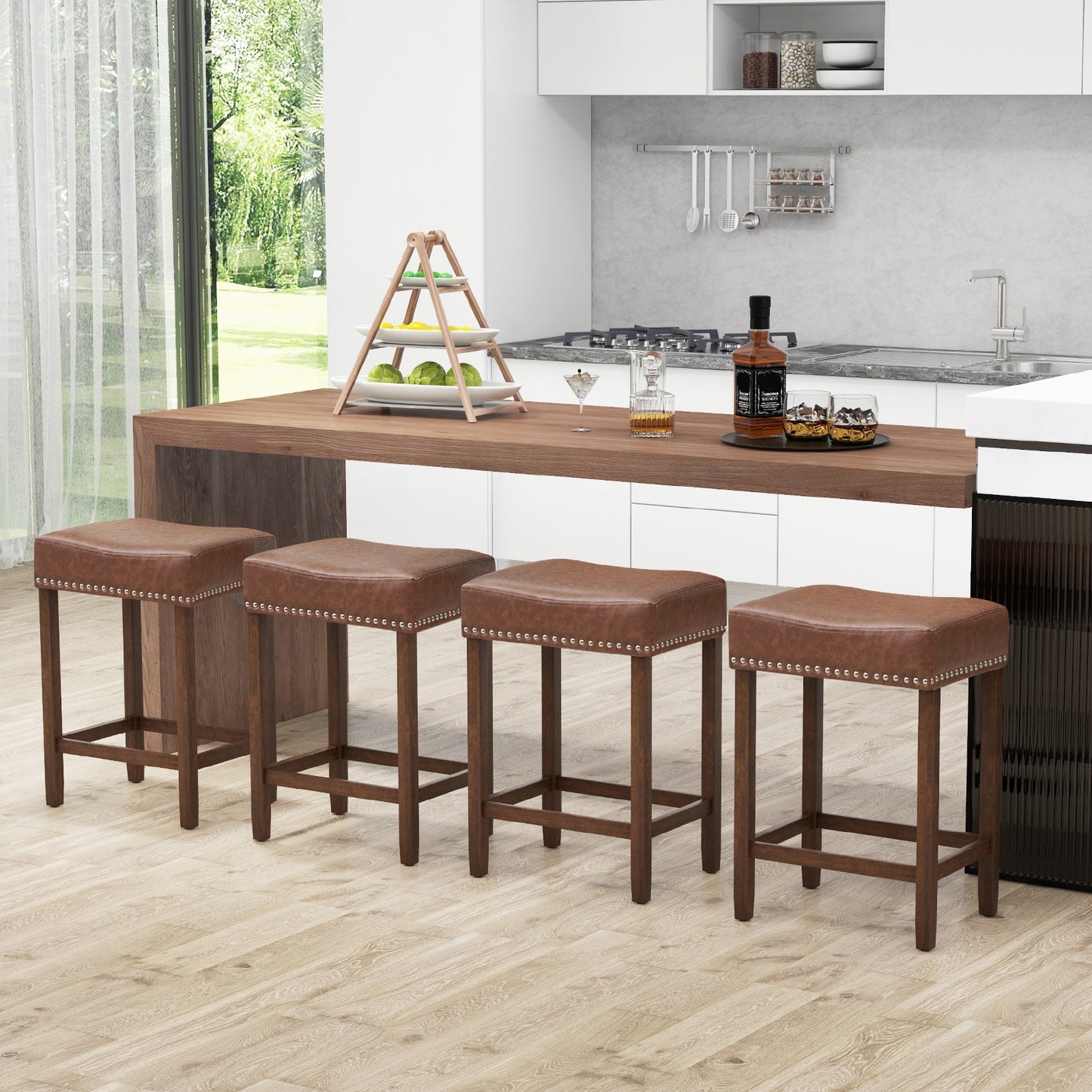 Elegant Upholstered 24 Inch Bar Stools Set of 2 with Ergonomic Saddle Seat and Footrests, Brown