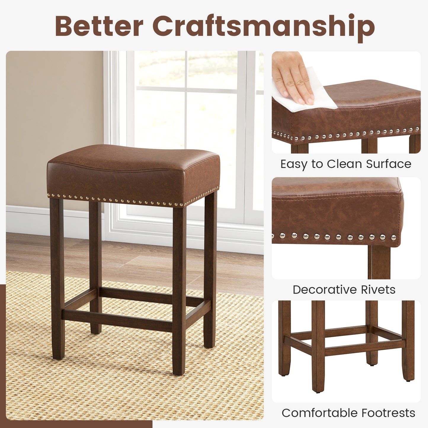 Elegant Upholstered 24 Inch Bar Stools Set of 2 with Ergonomic Saddle Seat and Footrests, Brown
