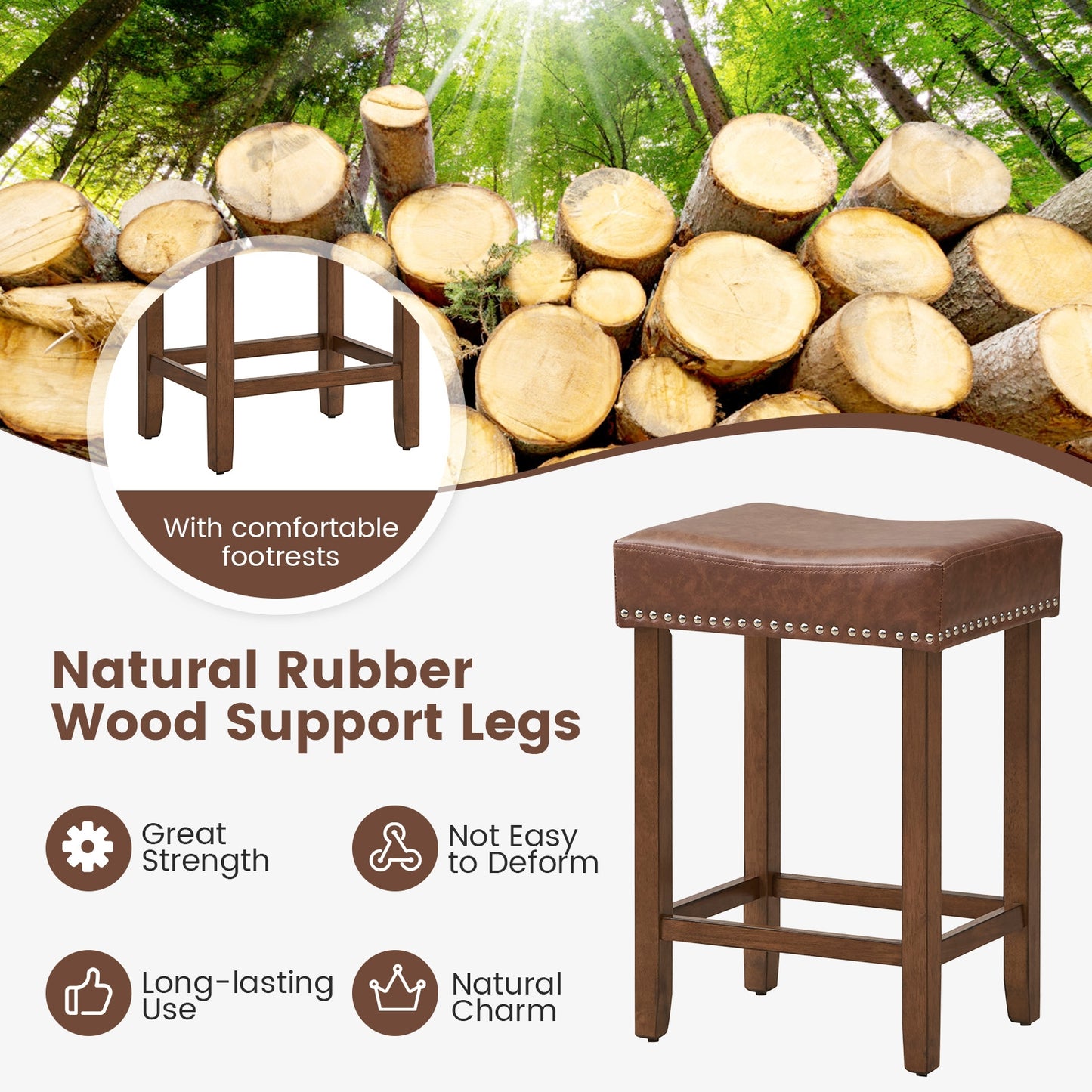 Elegant Upholstered 24 Inch Bar Stools Set of 2 with Ergonomic Saddle Seat and Footrests, Brown