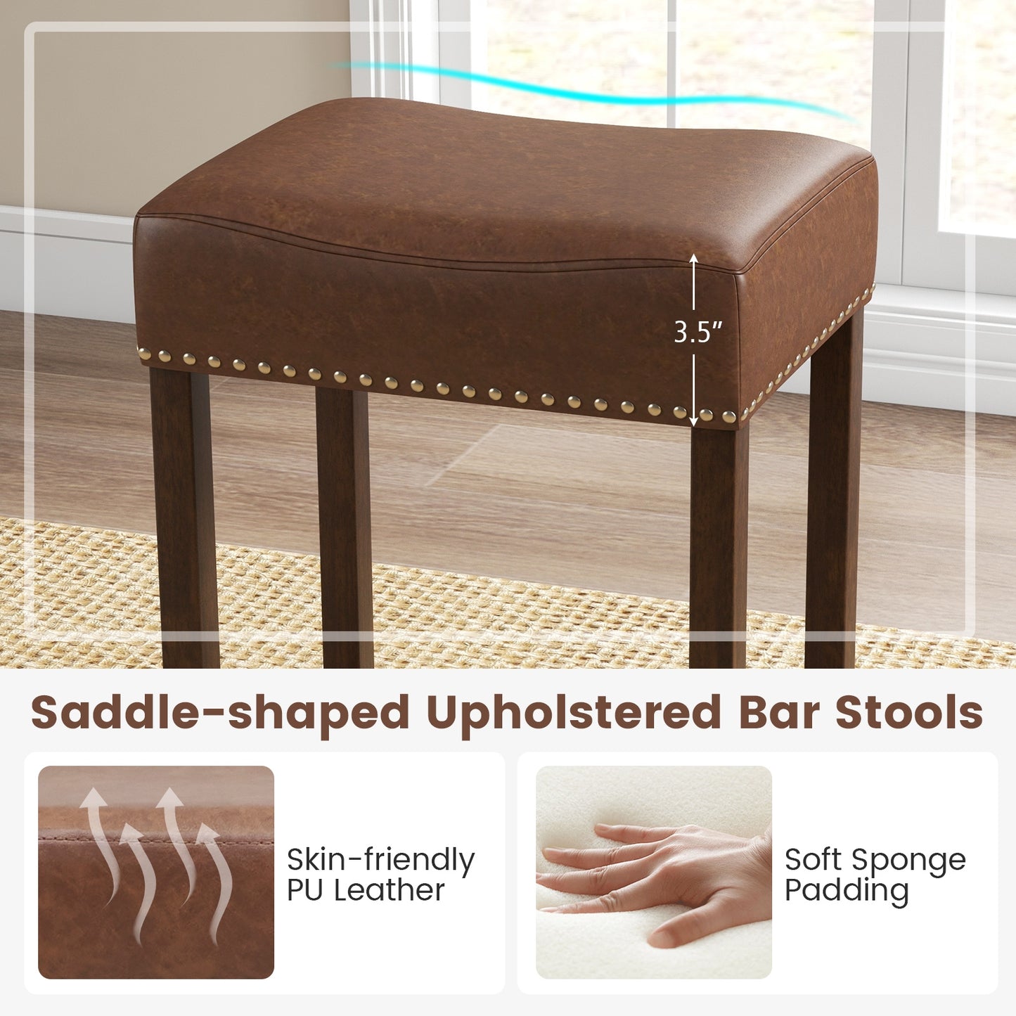 Elegant Upholstered 24 Inch Bar Stools Set of 2 with Ergonomic Saddle Seat and Footrests, Brown