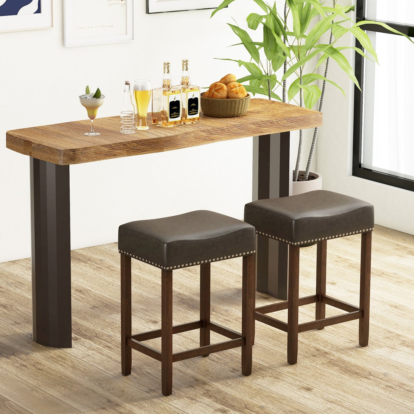Elegant Upholstered 24 Inch Bar Stools Set of 2 with Ergonomic Saddle Seat and Footrests, Grey