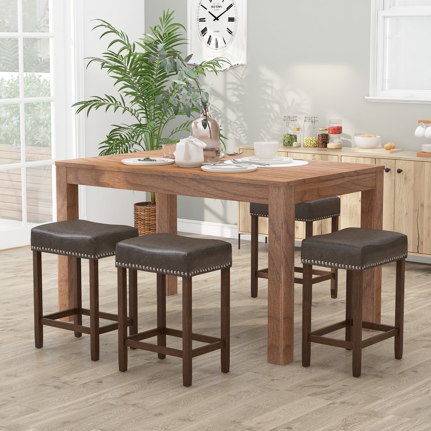 Elegant Upholstered 24 Inch Bar Stools Set of 2 with Ergonomic Saddle Seat and Footrests, Grey