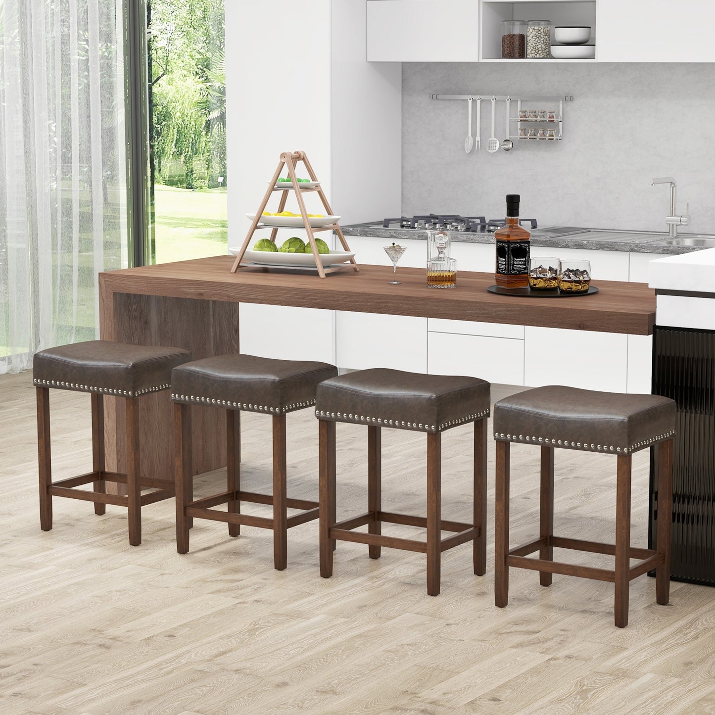 Elegant Upholstered 24 Inch Bar Stools Set of 2 with Ergonomic Saddle Seat and Footrests, Grey