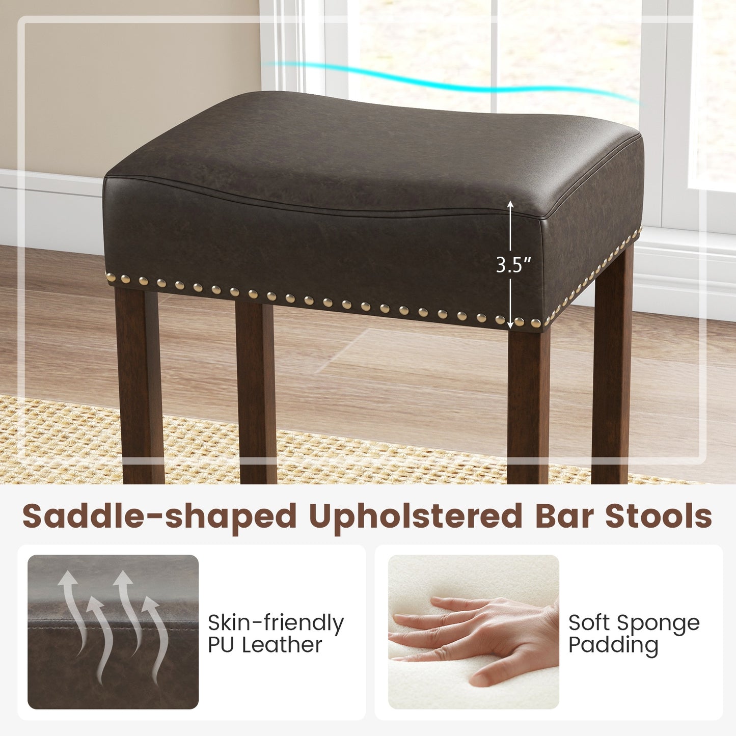 Elegant Upholstered 24 Inch Bar Stools Set of 2 with Ergonomic Saddle Seat and Footrests, Grey
