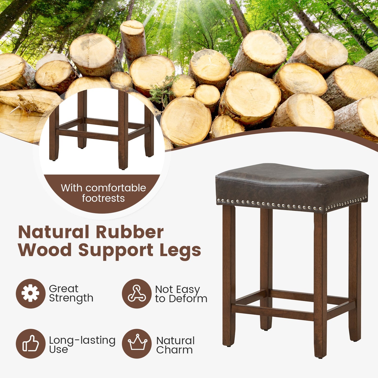 Elegant Upholstered 24 Inch Bar Stools Set of 2 with Ergonomic Saddle Seat and Footrests, Grey