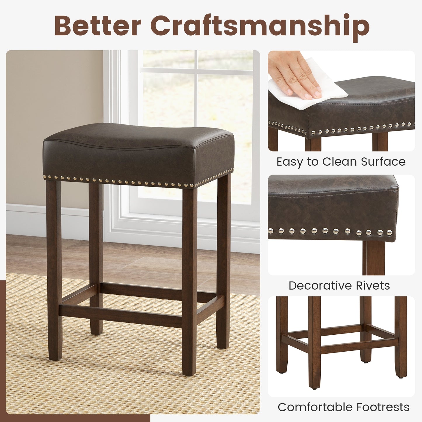 Elegant Upholstered 24 Inch Bar Stools Set of 2 with Ergonomic Saddle Seat and Footrests, Grey