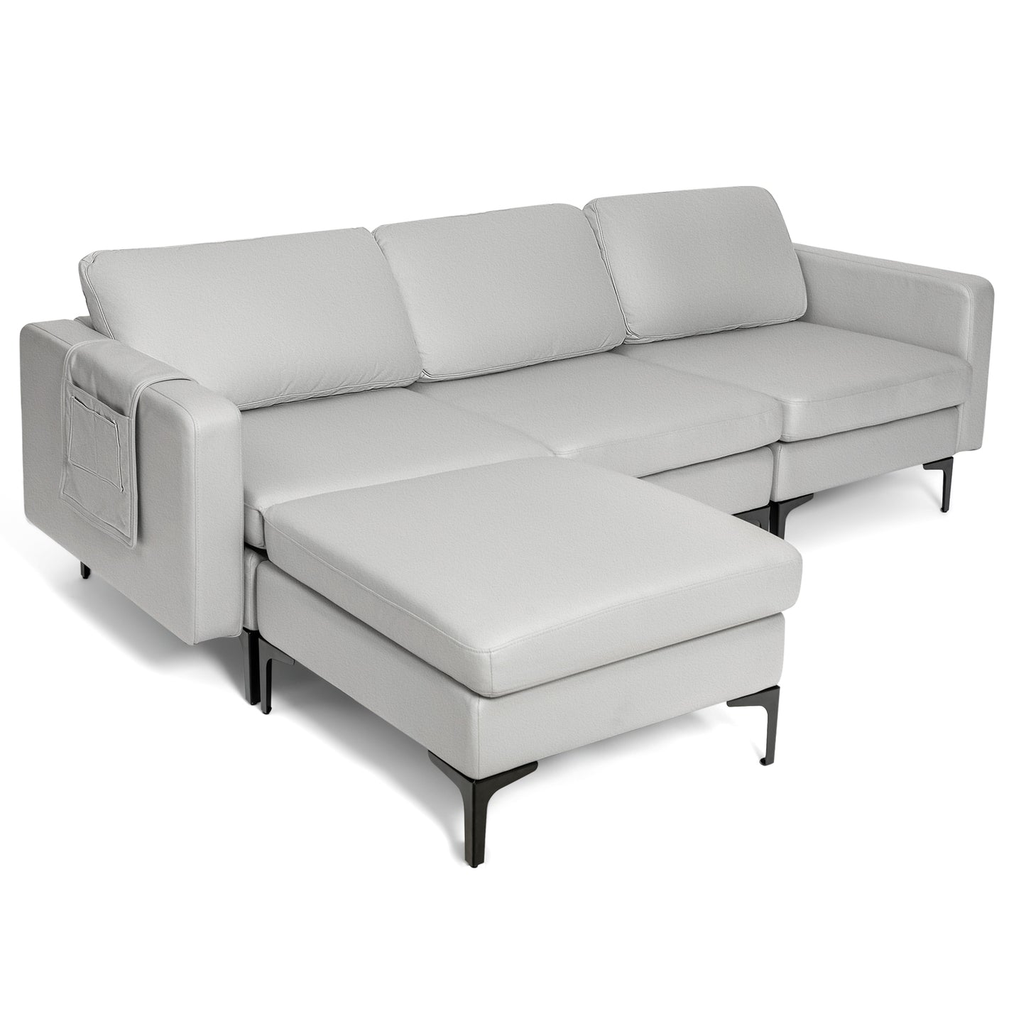 Modular L-Shaped Sectional Sofa with Reversible Chaise, Built-In USB Ports - Light Grey