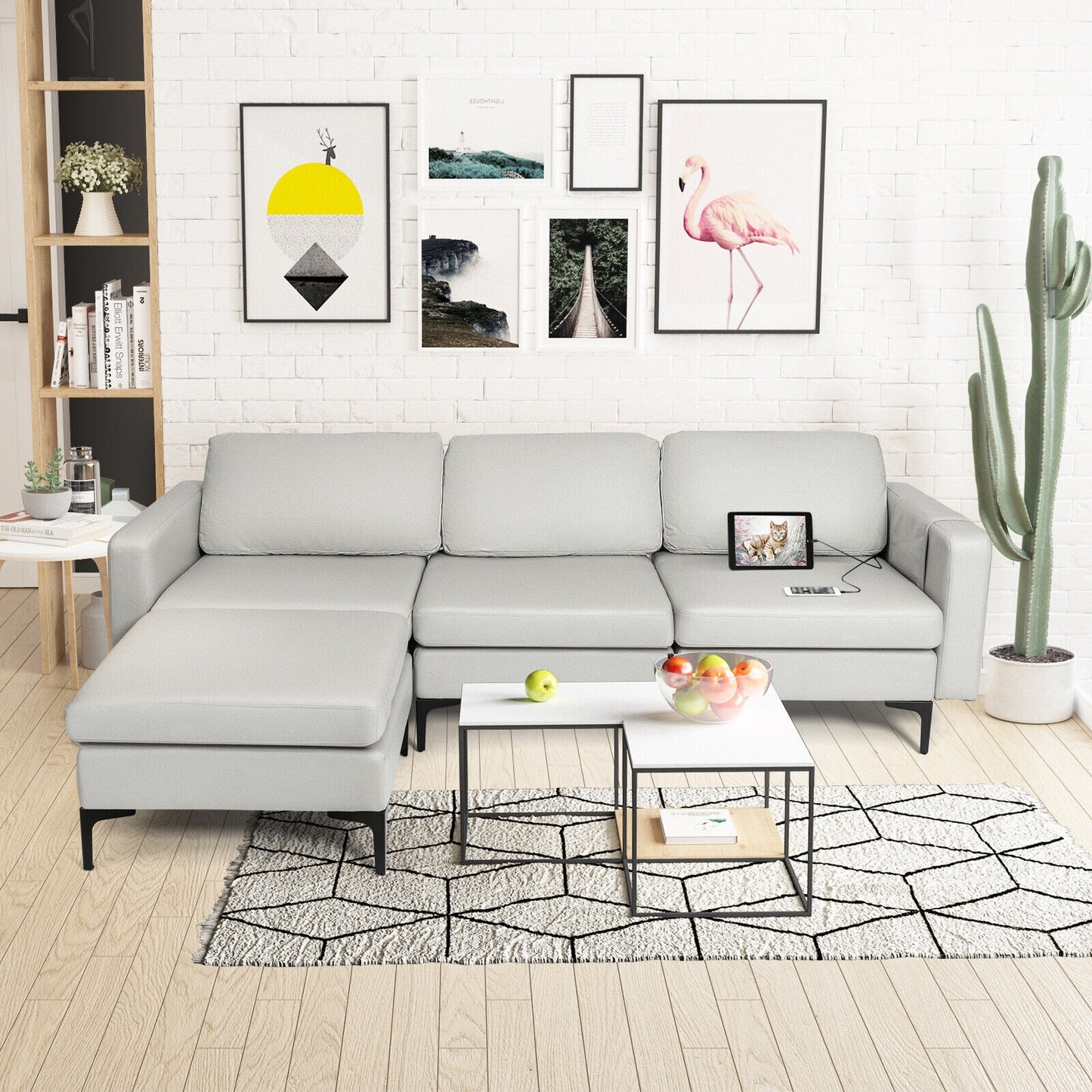 Modular L-Shaped Sectional Sofa with Reversible Chaise, Built-In USB Ports - Light Grey