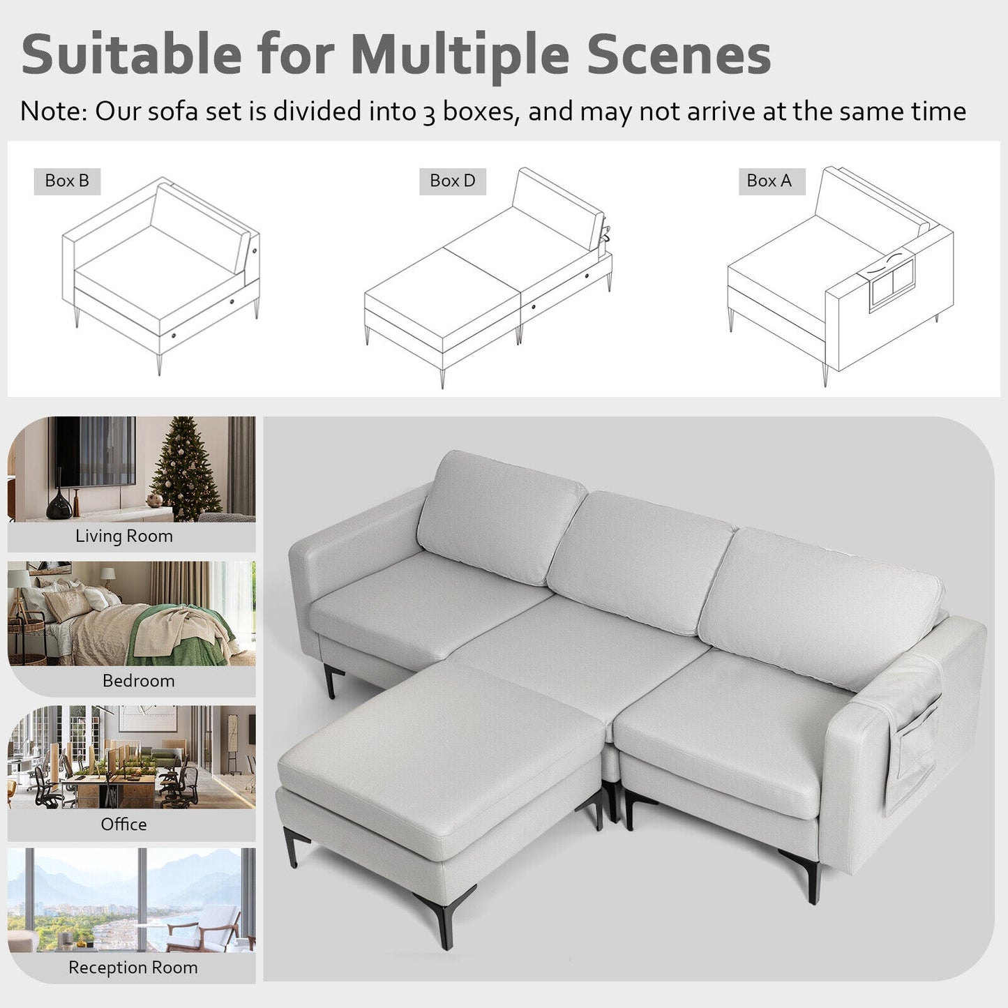 Modular L-Shaped Sectional Sofa with Reversible Chaise, Built-In USB Ports - Light Grey