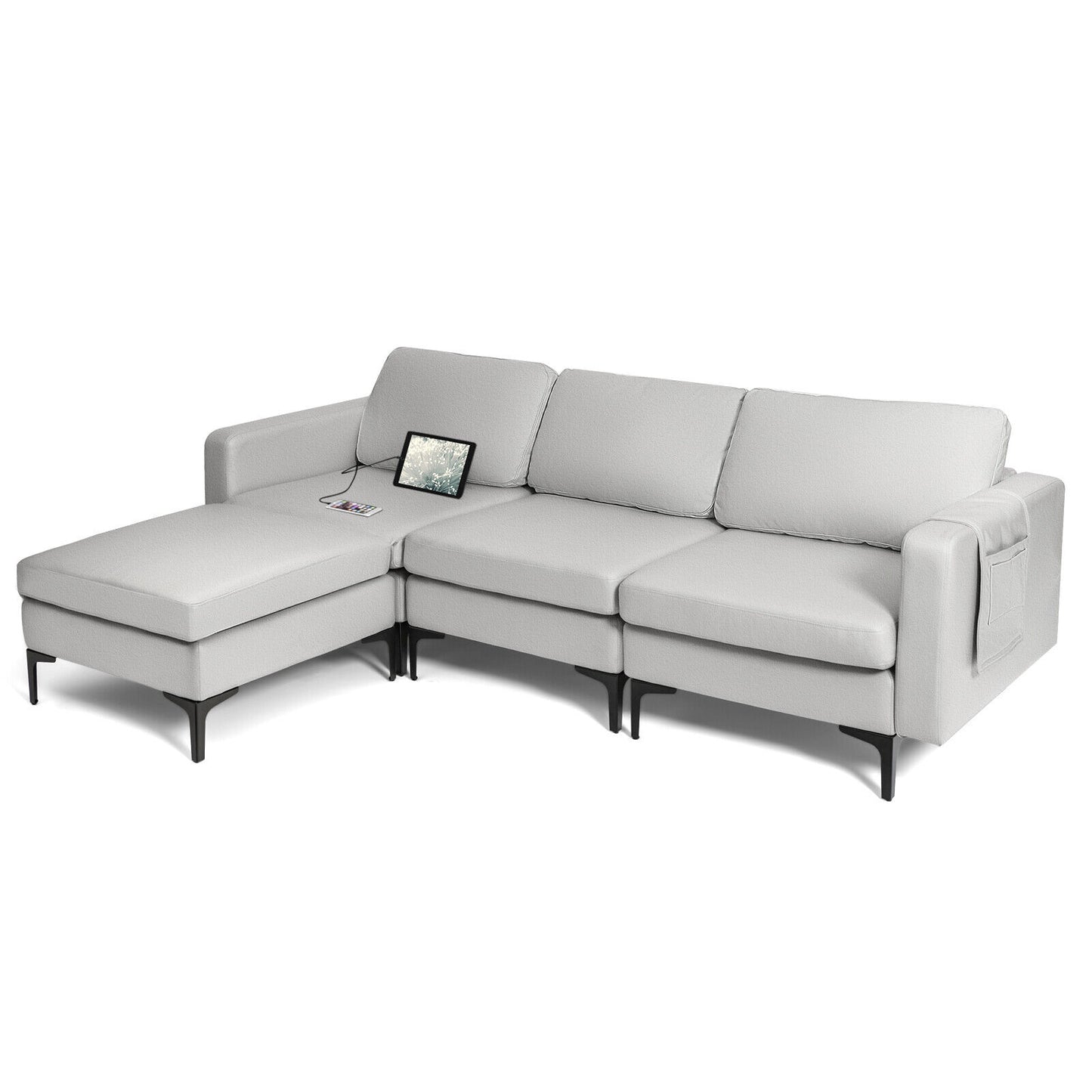 Modular L-Shaped Sectional Sofa with Reversible Chaise, Built-In USB Ports - Light Grey
