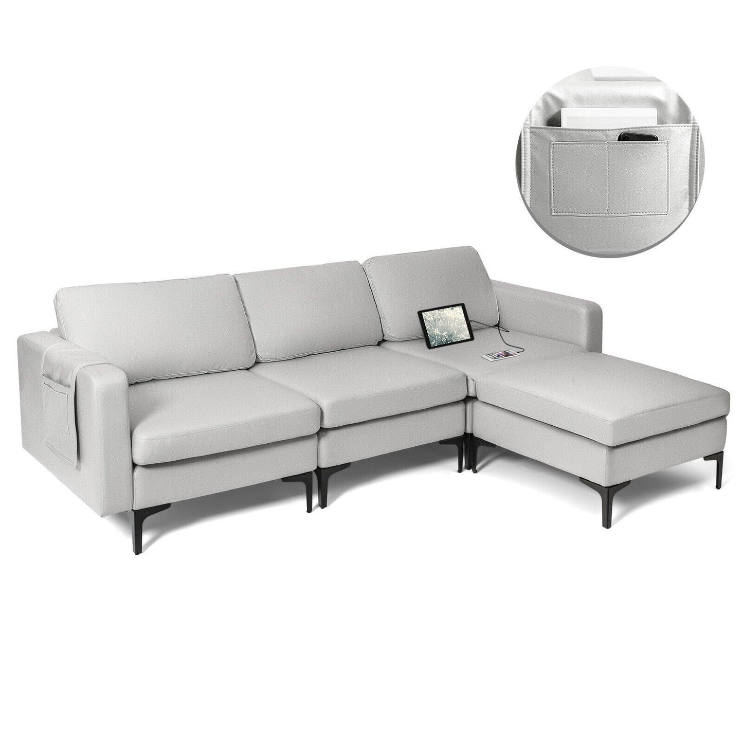 Modular L-Shaped Sectional Sofa with Reversible Chaise, Built-In USB Ports - Light Grey