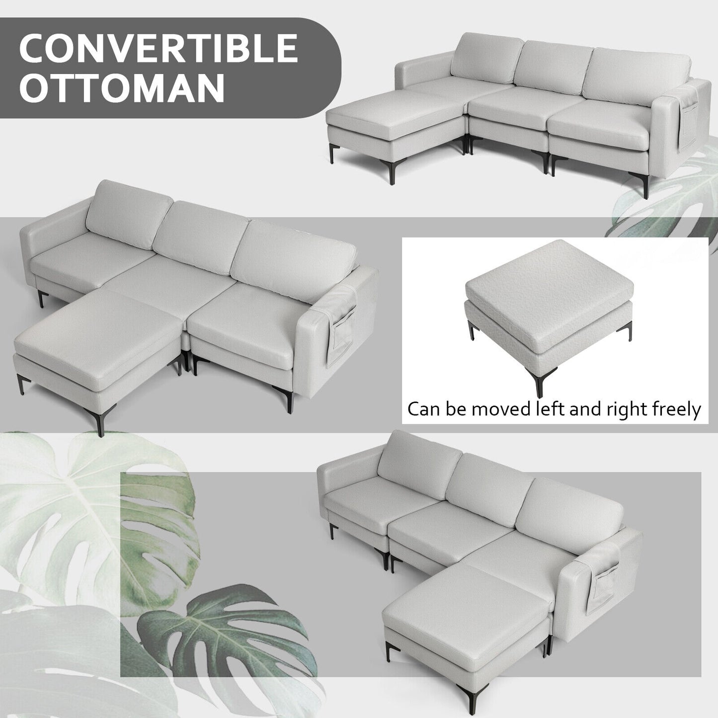 Modular L-Shaped Sectional Sofa with Reversible Chaise, Built-In USB Ports - Light Grey
