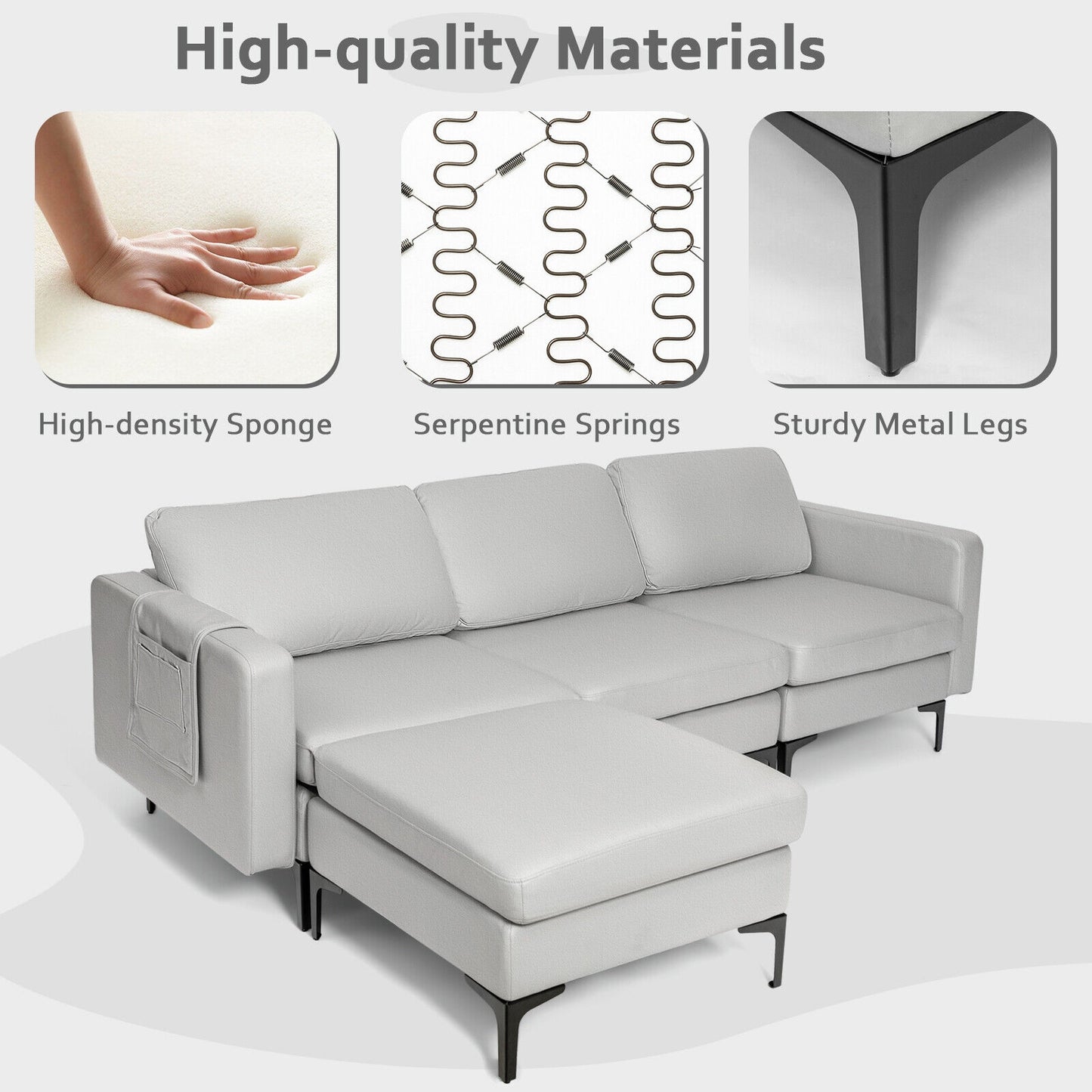 Modular L-Shaped Sectional Sofa with Reversible Chaise, Built-In USB Ports - Light Grey