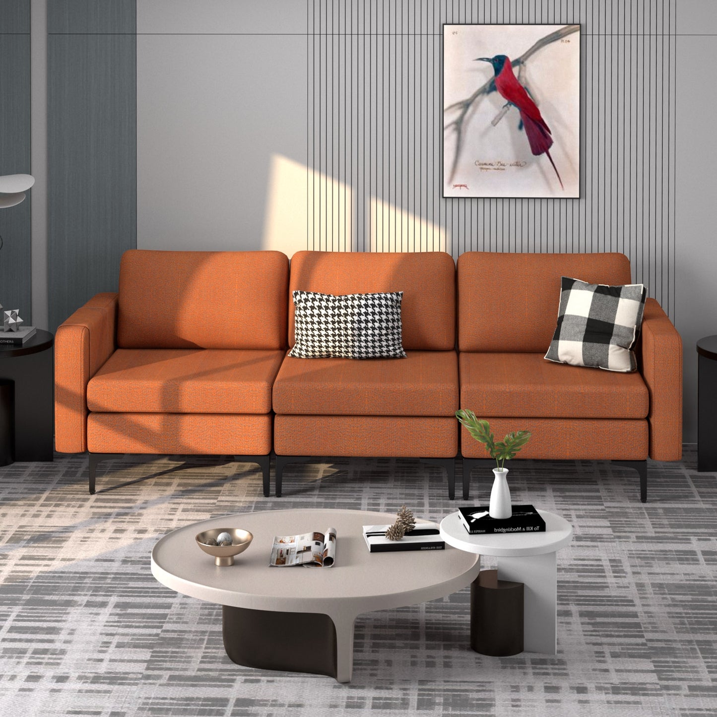 3 Seat Convertible Sofa with Built-in USB Ports and Side Pockets for Storage - Orange