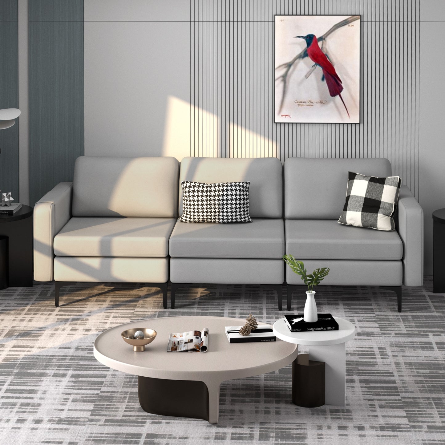 3 Seat Convertible Sofa with Built-in USB Ports and Side Pockets for Storage - Light Grey