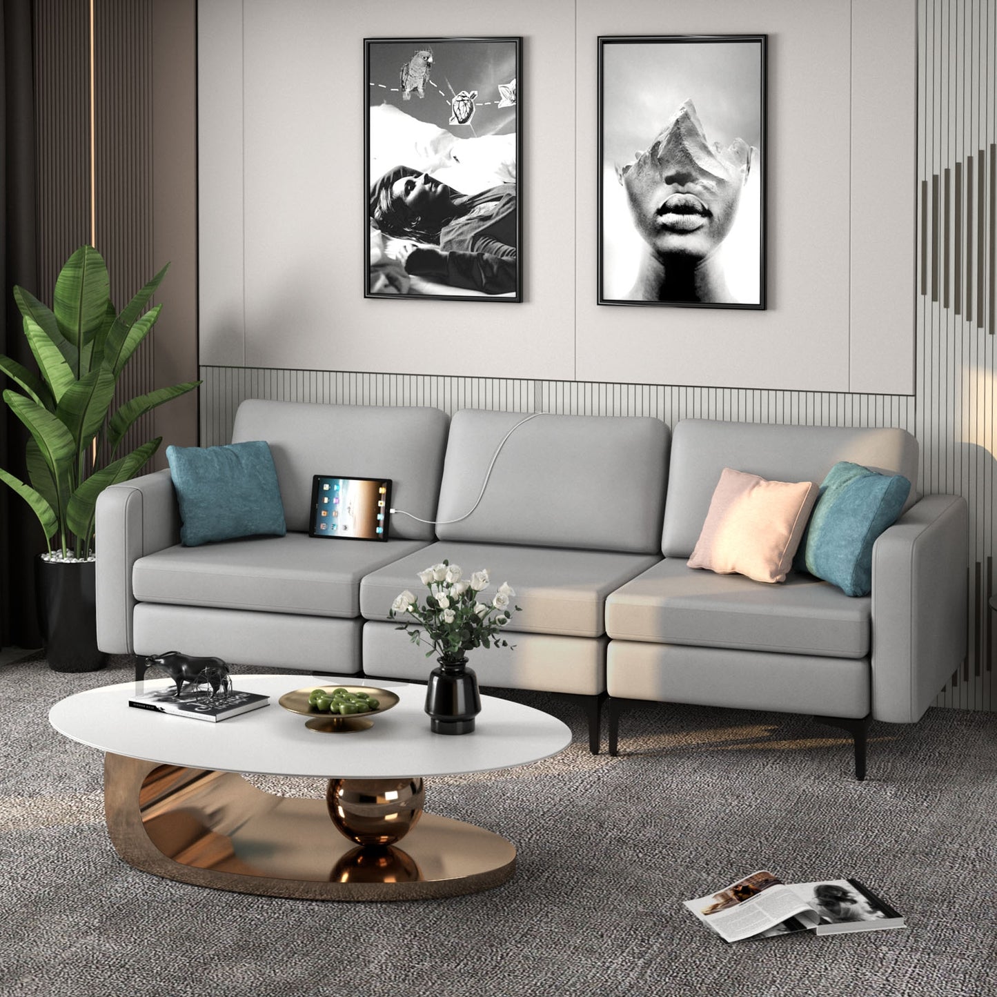 3 Seat Convertible Sofa with Built-in USB Ports and Side Pockets for Storage - Light Grey