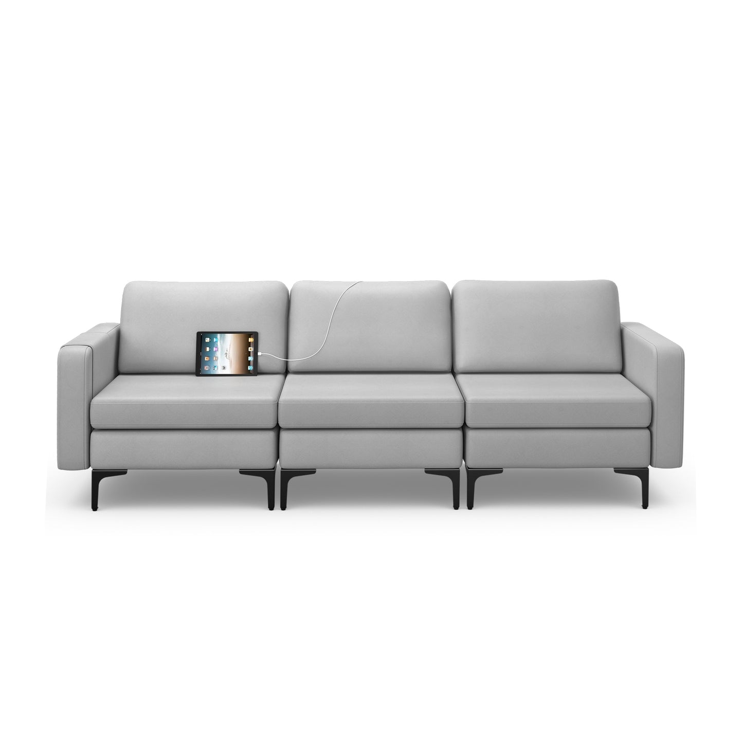 3 Seat Convertible Sofa with Built-in USB Ports and Side Pockets for Storage - Light Grey