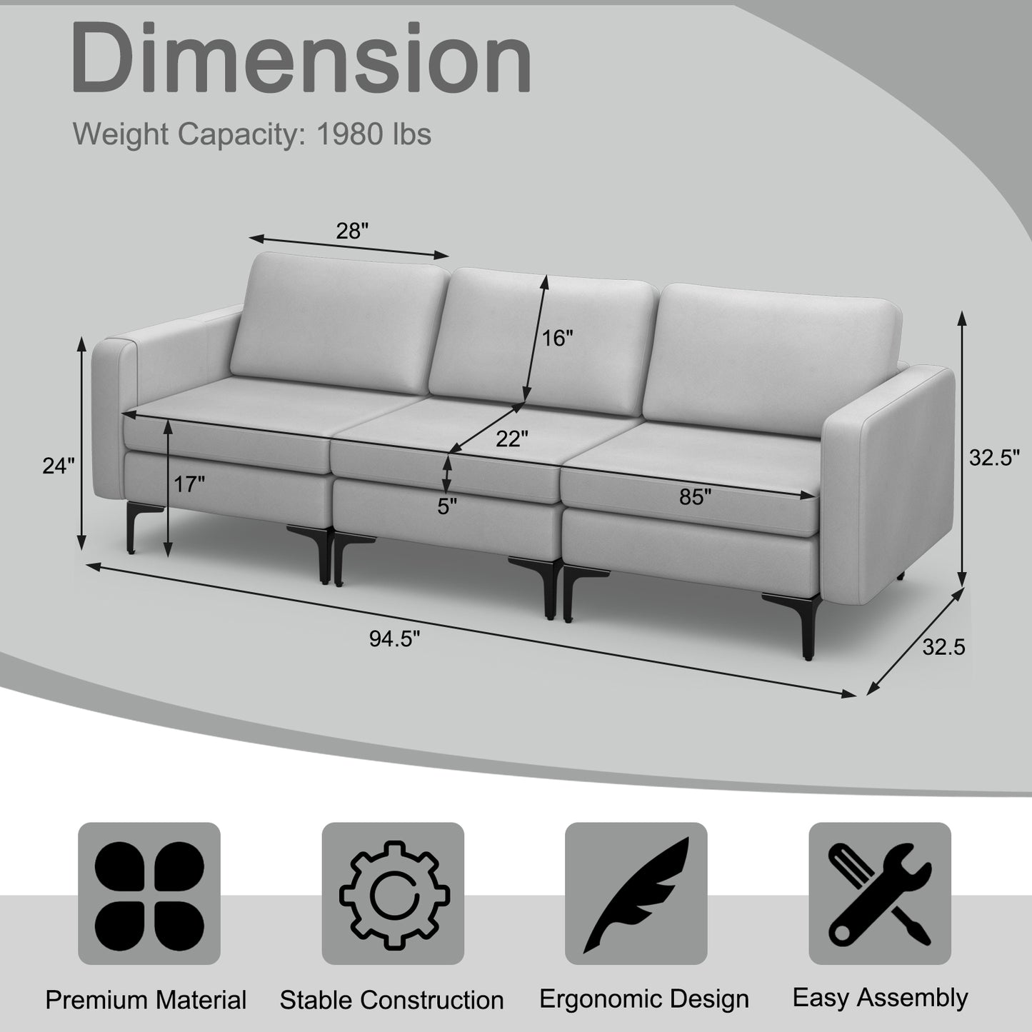 3 Seat Convertible Sofa with Built-in USB Ports and Side Pockets for Storage - Light Grey
